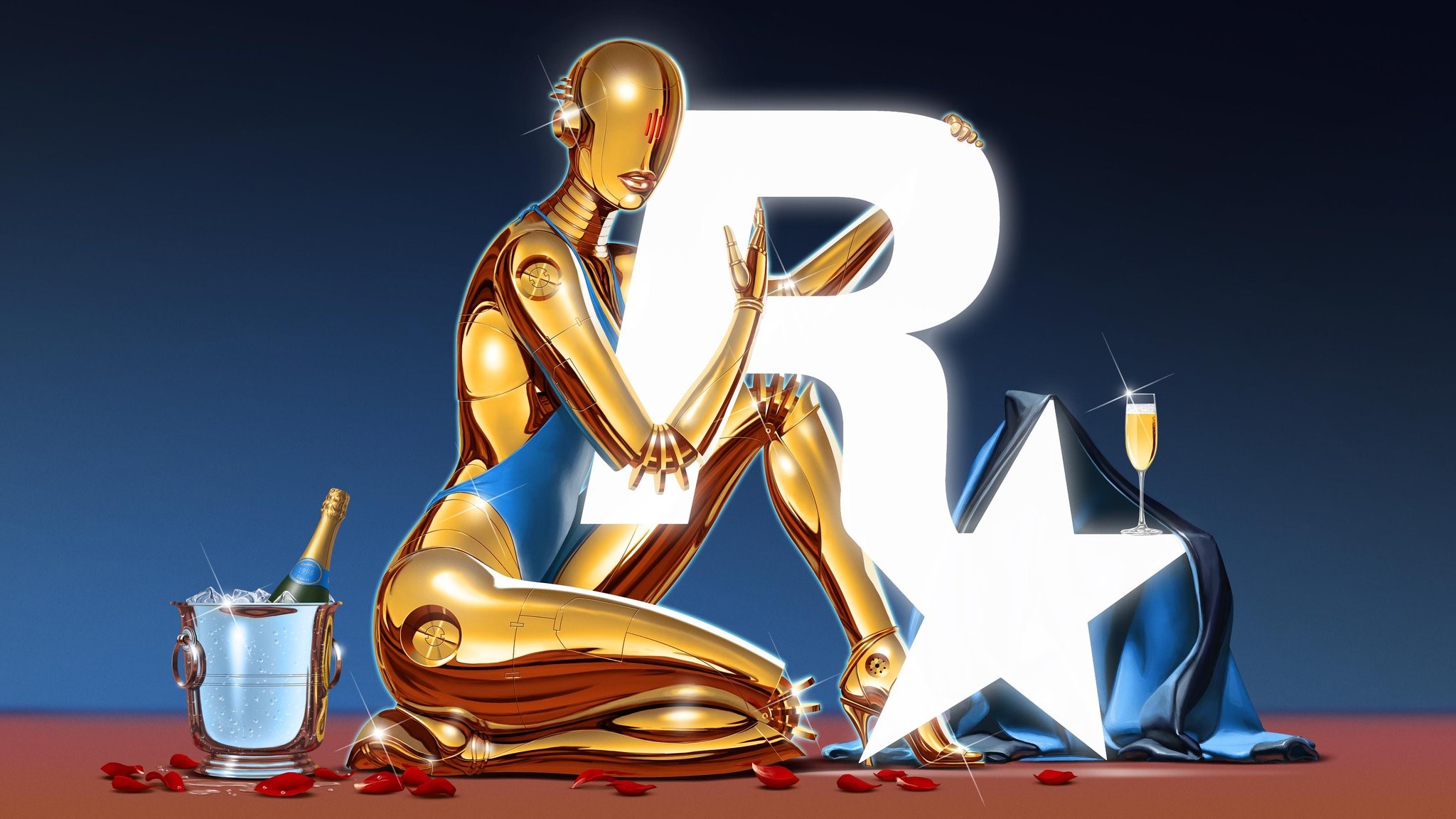 Rockstar Games artwork with robot and champagne HD Wallpaper
