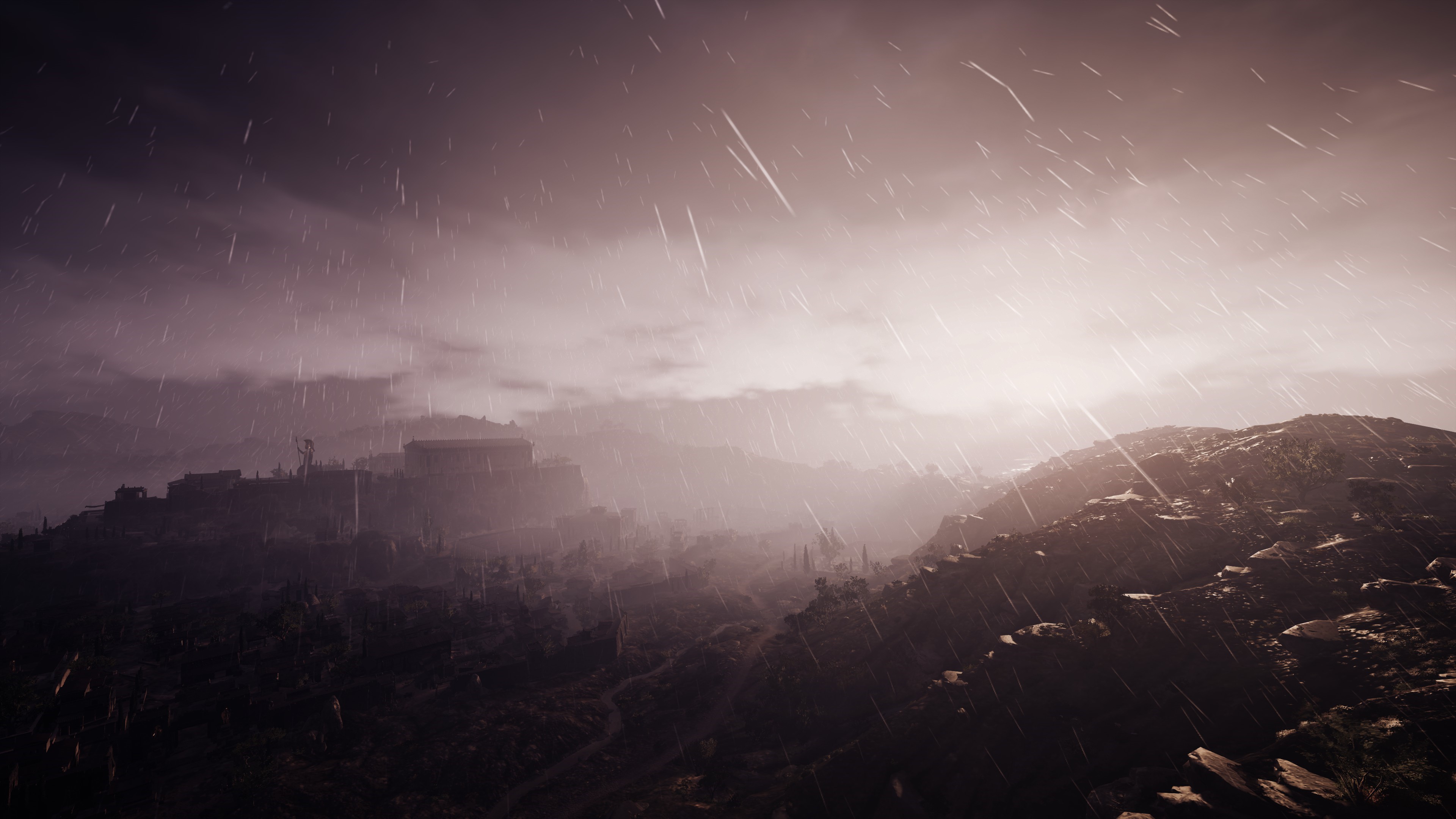 4K rain over ancient Greek landscape in Assassin's Creed: Odyssey HD Wallpaper