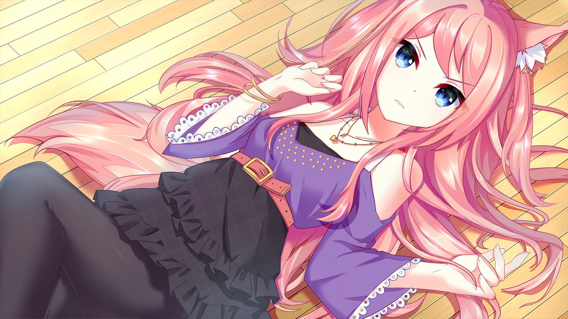 Anime girl with pink hair and blue eyes lying down HD Wallpaper
