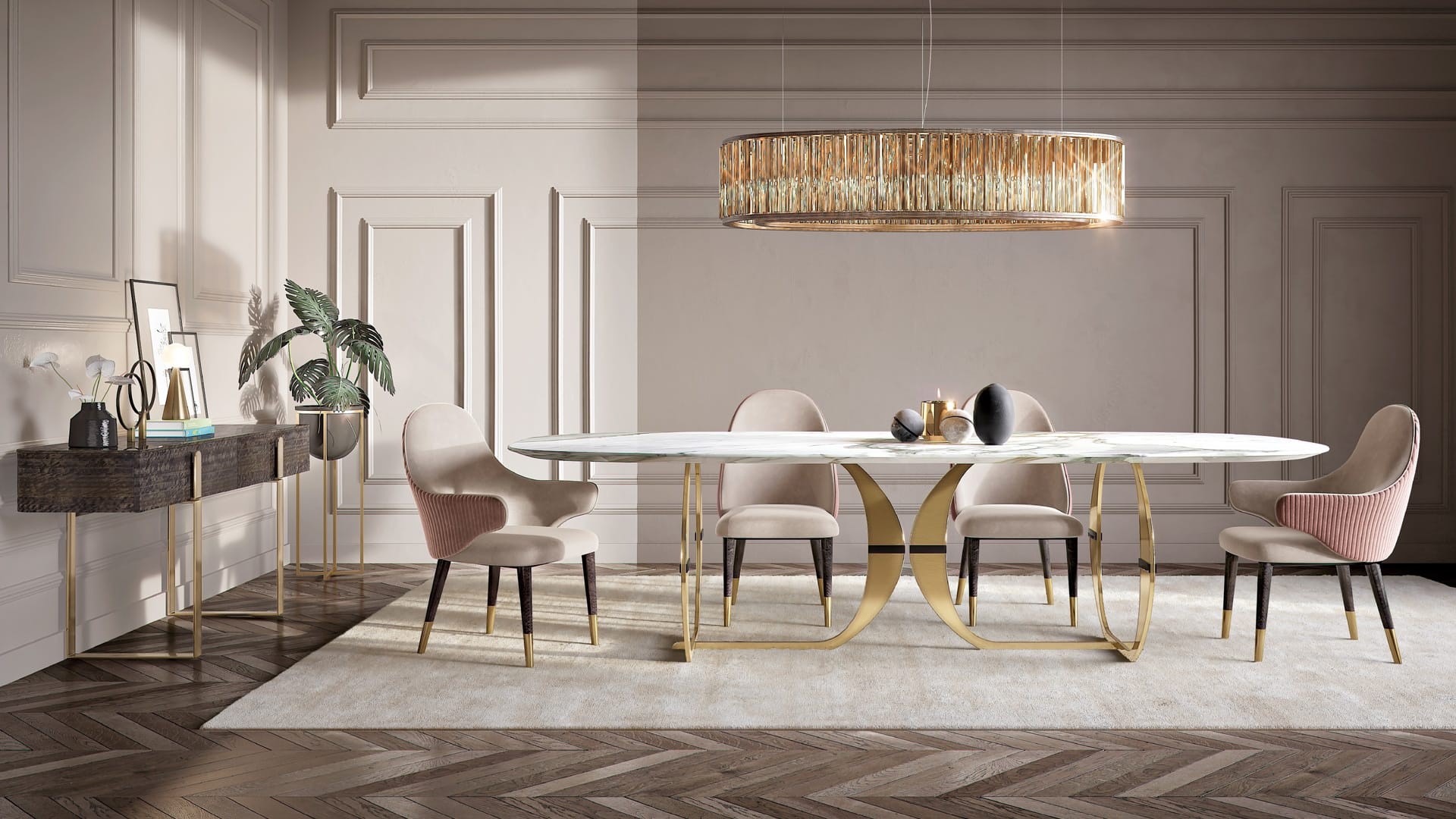 Elegant dining room with marble table and chairs HD Wallpaper