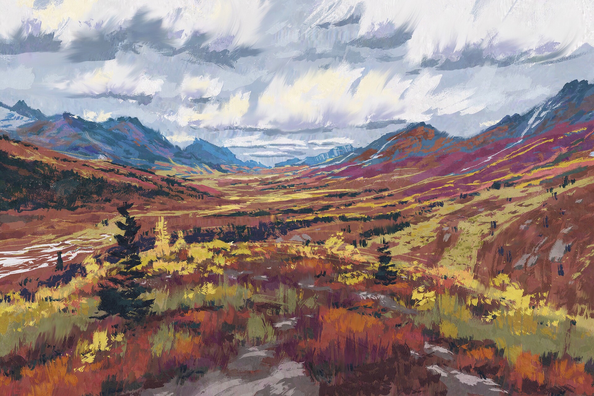 Autumnal mountain valley landscape painting HD Wallpaper