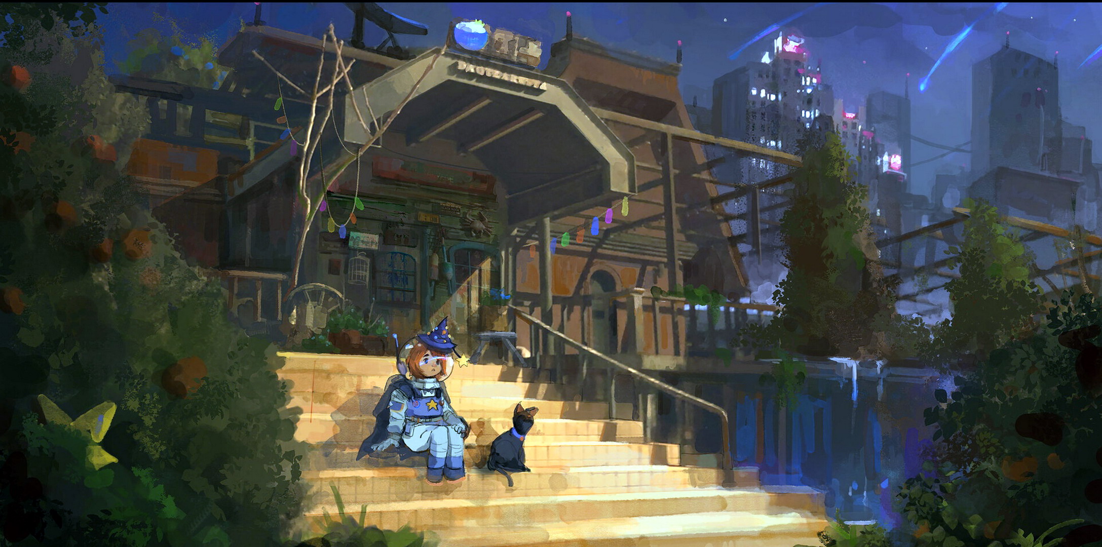 A witch and a cat sit on steps in front of a building HD Wallpaper