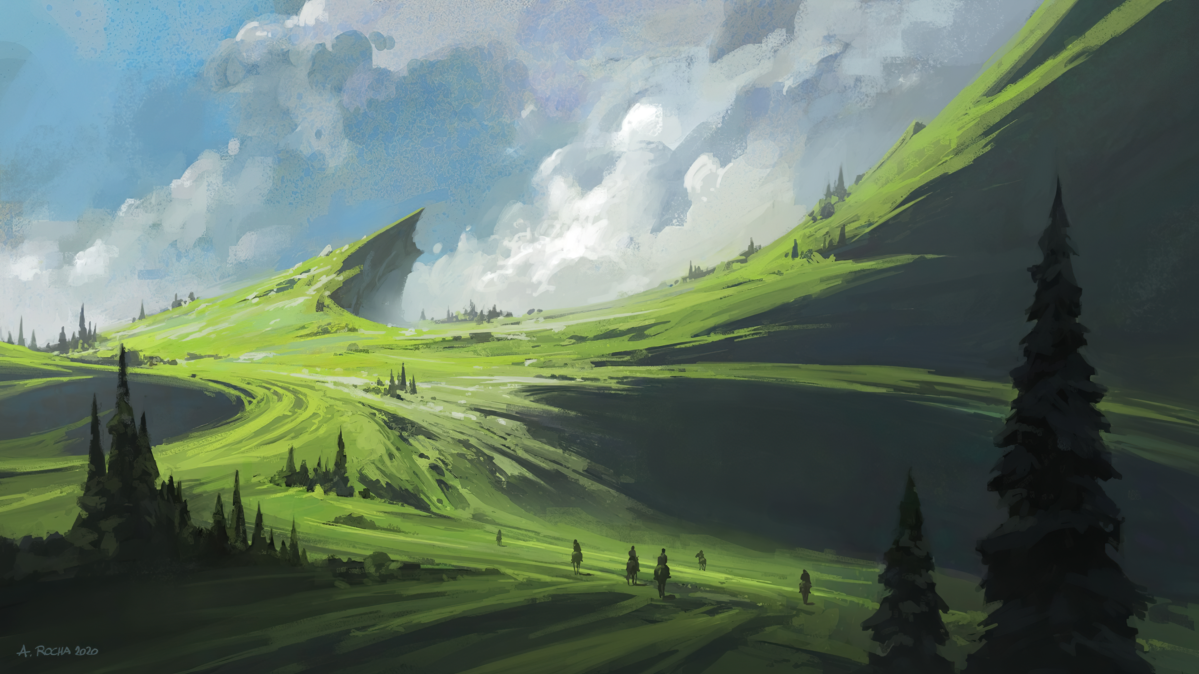 Digital painting of a rolling green landscape with riders HD Wallpaper