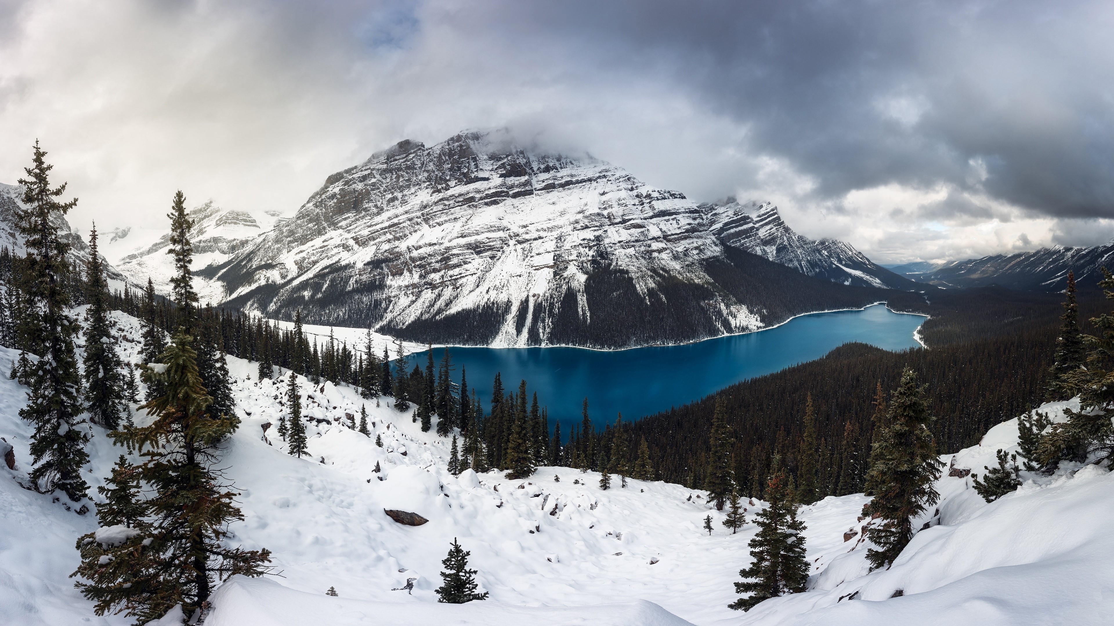 Snowy mountains and blue lake landscape HD Wallpaper