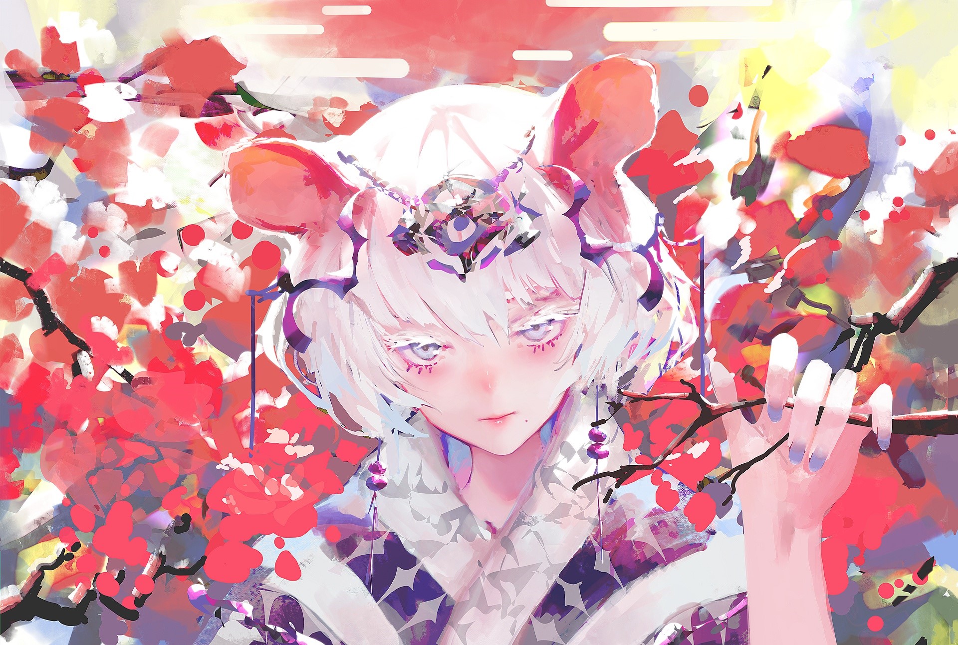 Anime girl with white hair and flower background HD Wallpaper