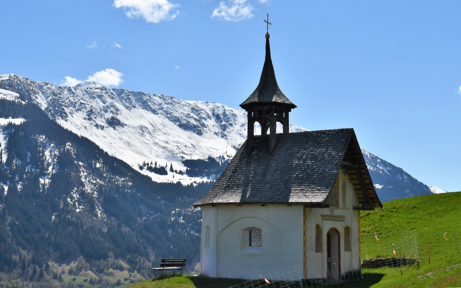Chapel in the Alps with Snow-Capped Mountains HD Wallpaper