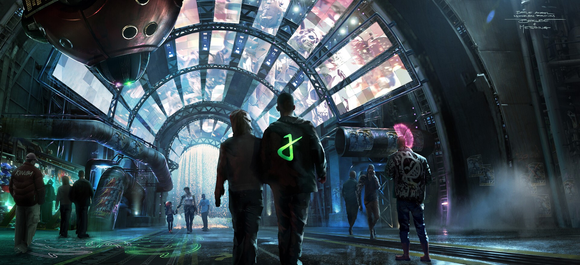 Cyberpunk hallway with people and screens HD Wallpaper