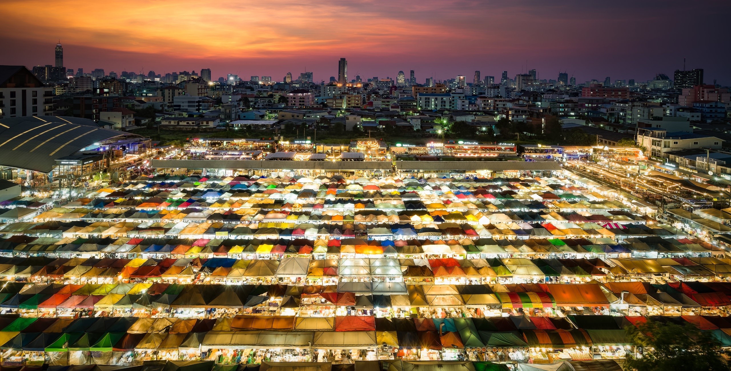 Colorful night market in Bangkok, Thailand at sunset HD Wallpaper
