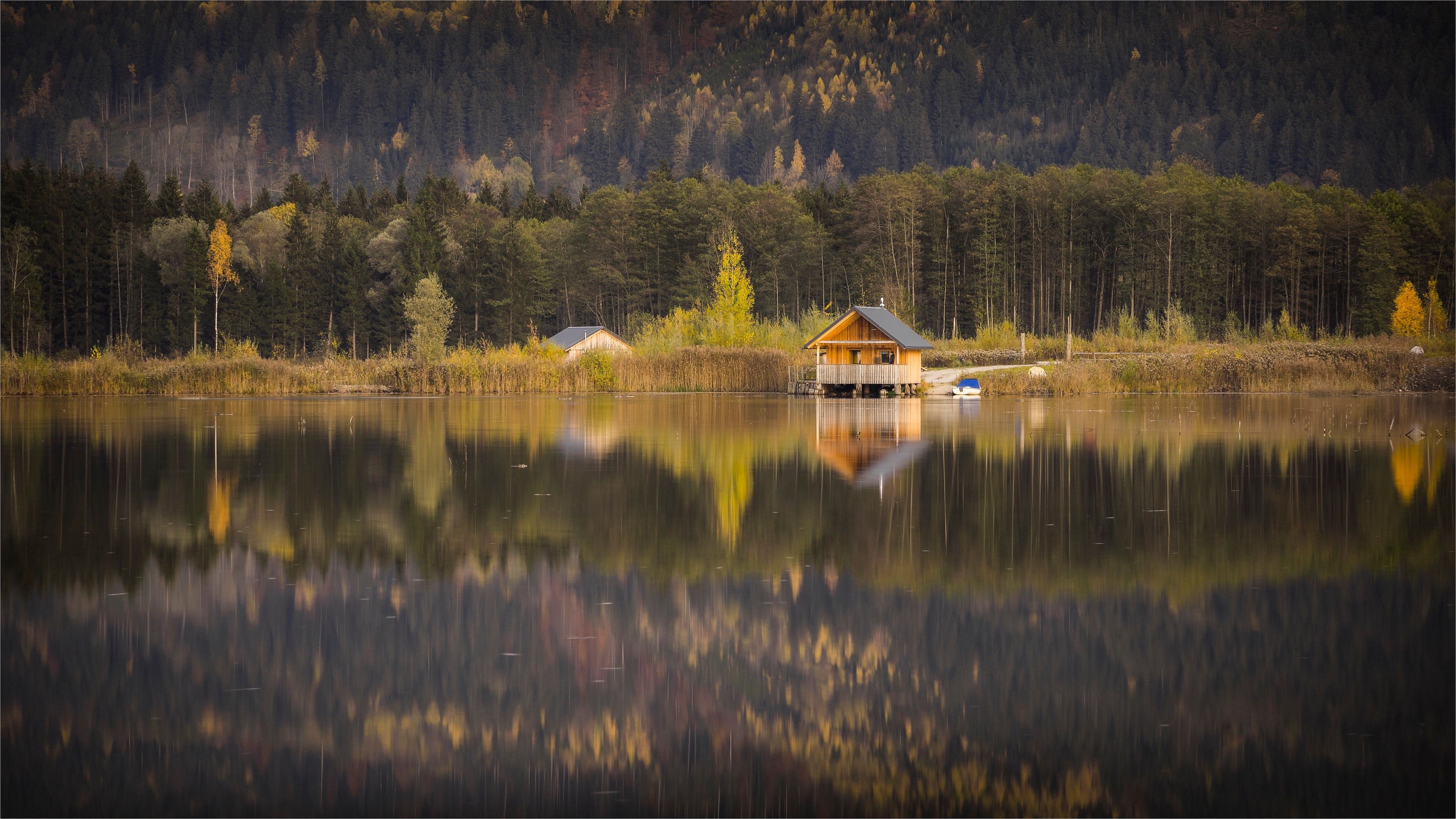 Wooden hut on a lake with forest reflection HD Wallpaper