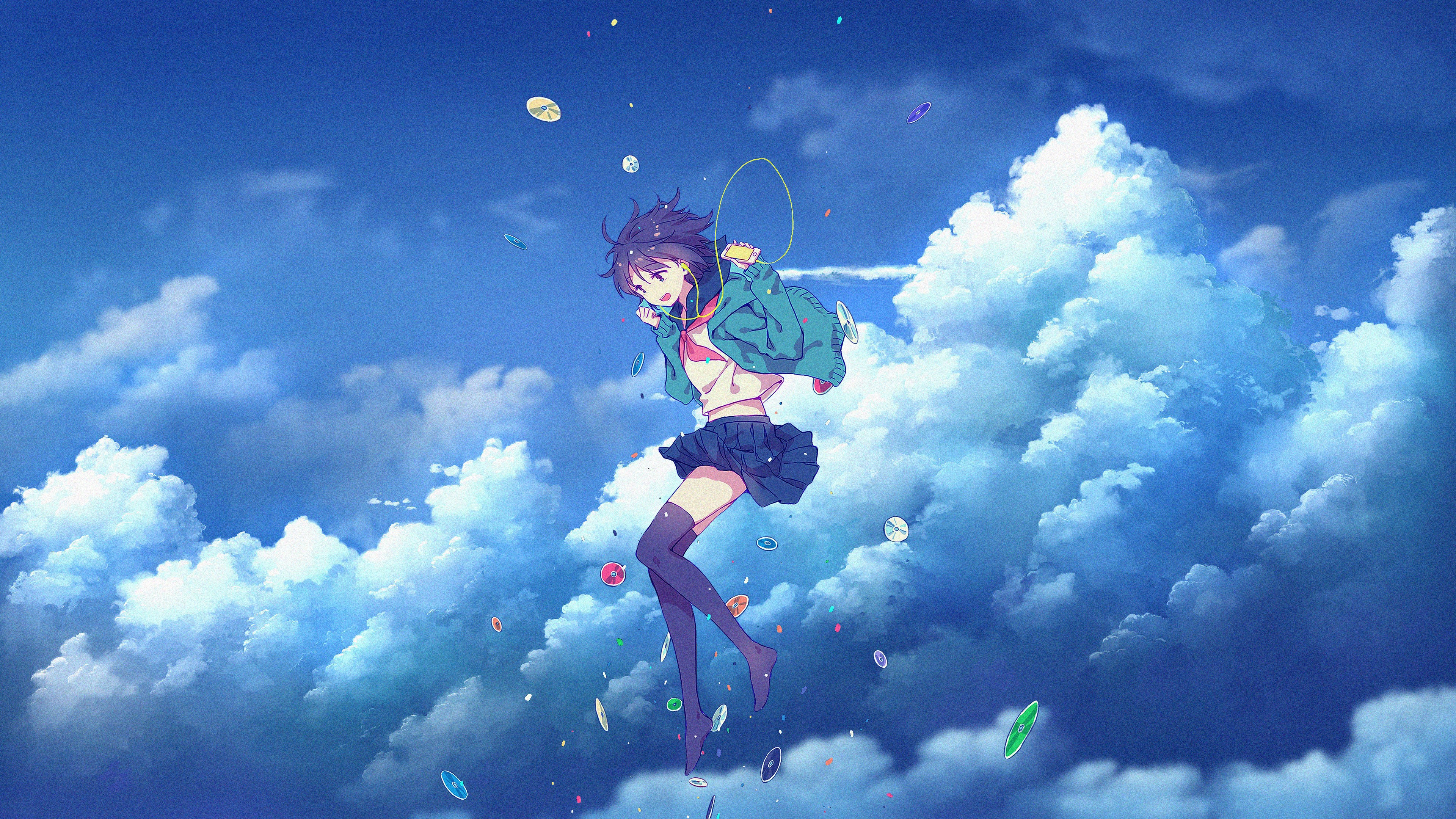 Anime girl with headphones flying among clouds and discs HD Wallpaper