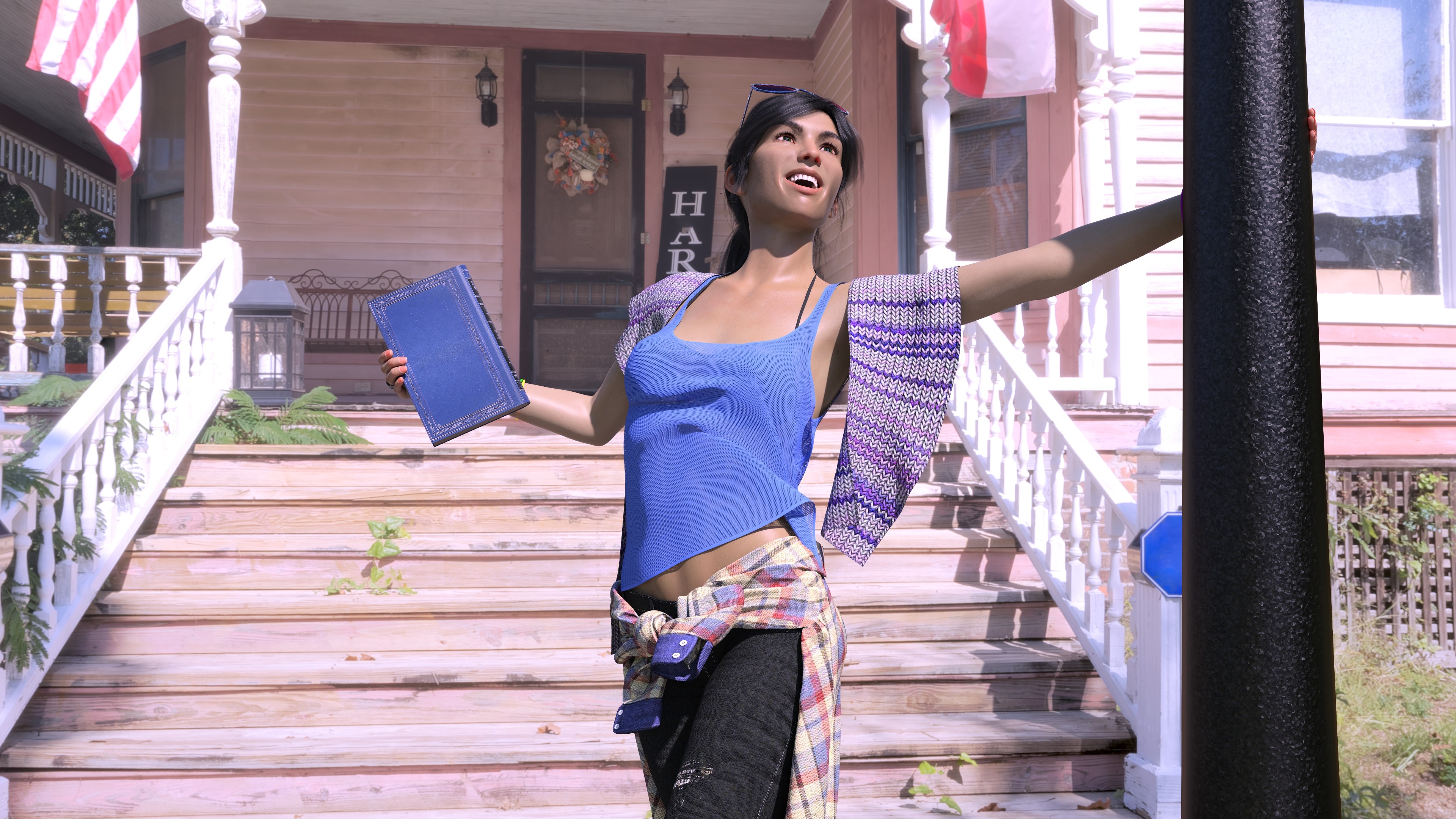 Woman with book on porch stairs HD Wallpaper