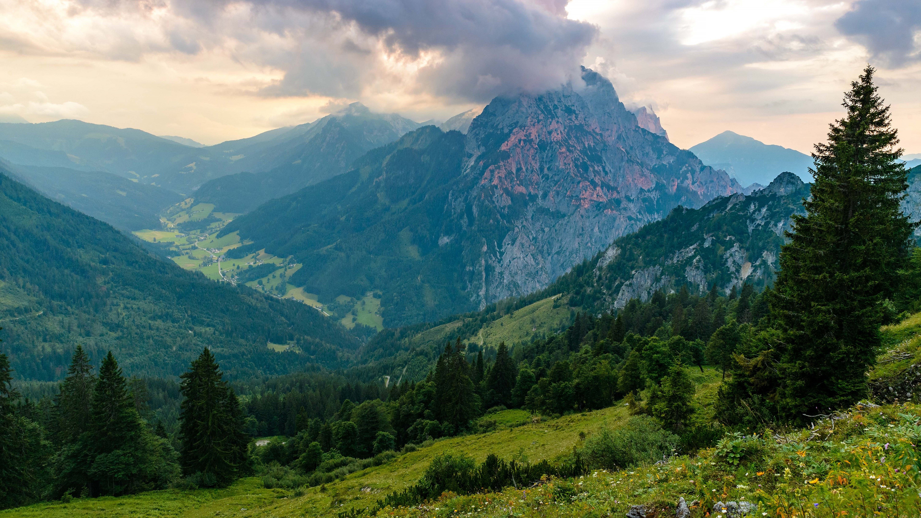 4K valley and mountains landscape with overcast sky HD Wallpaper