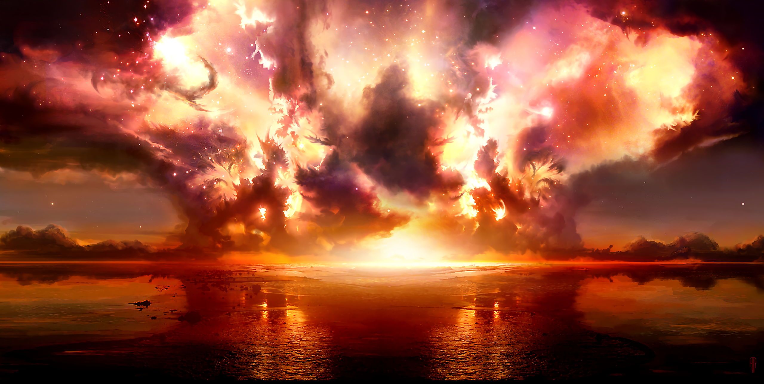 Explosion over the sea digital art HD Wallpaper