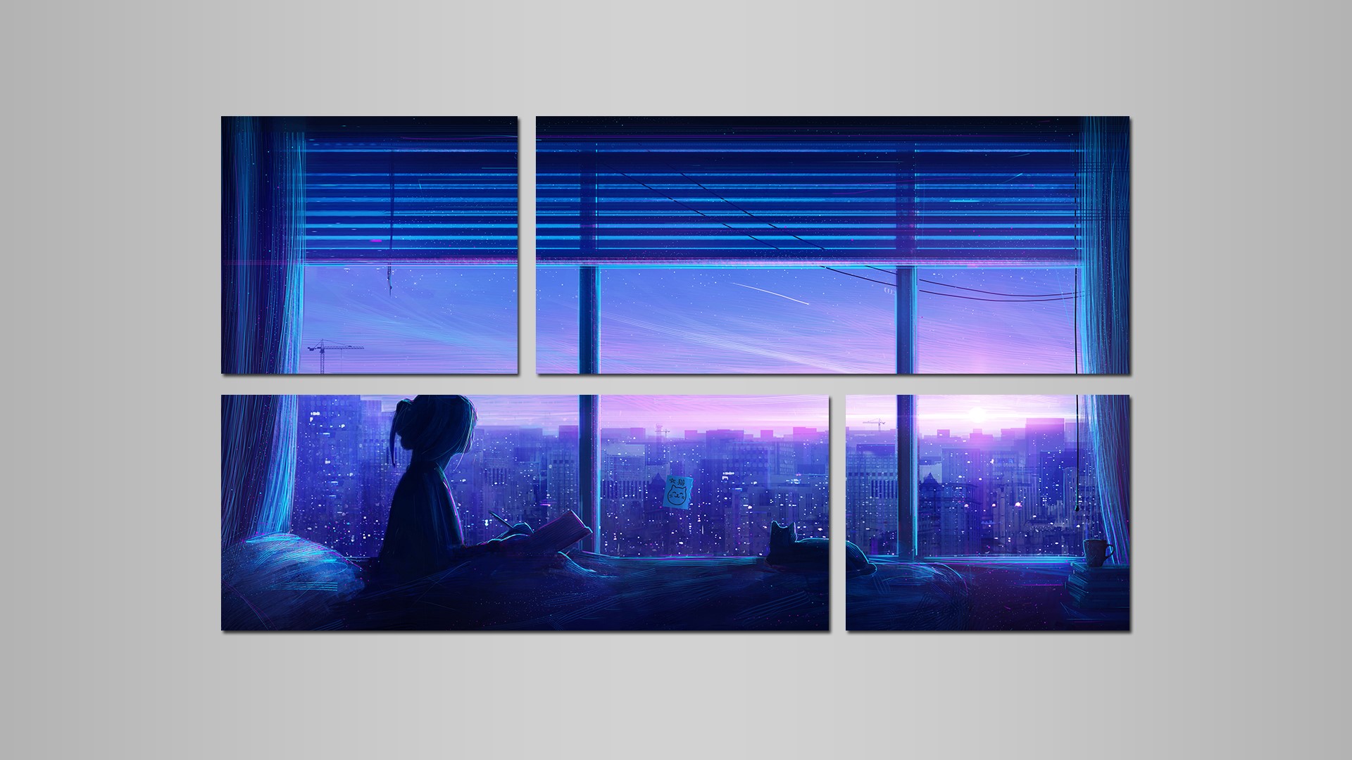 Girl reading by window with cityscape and cat HD Wallpaper