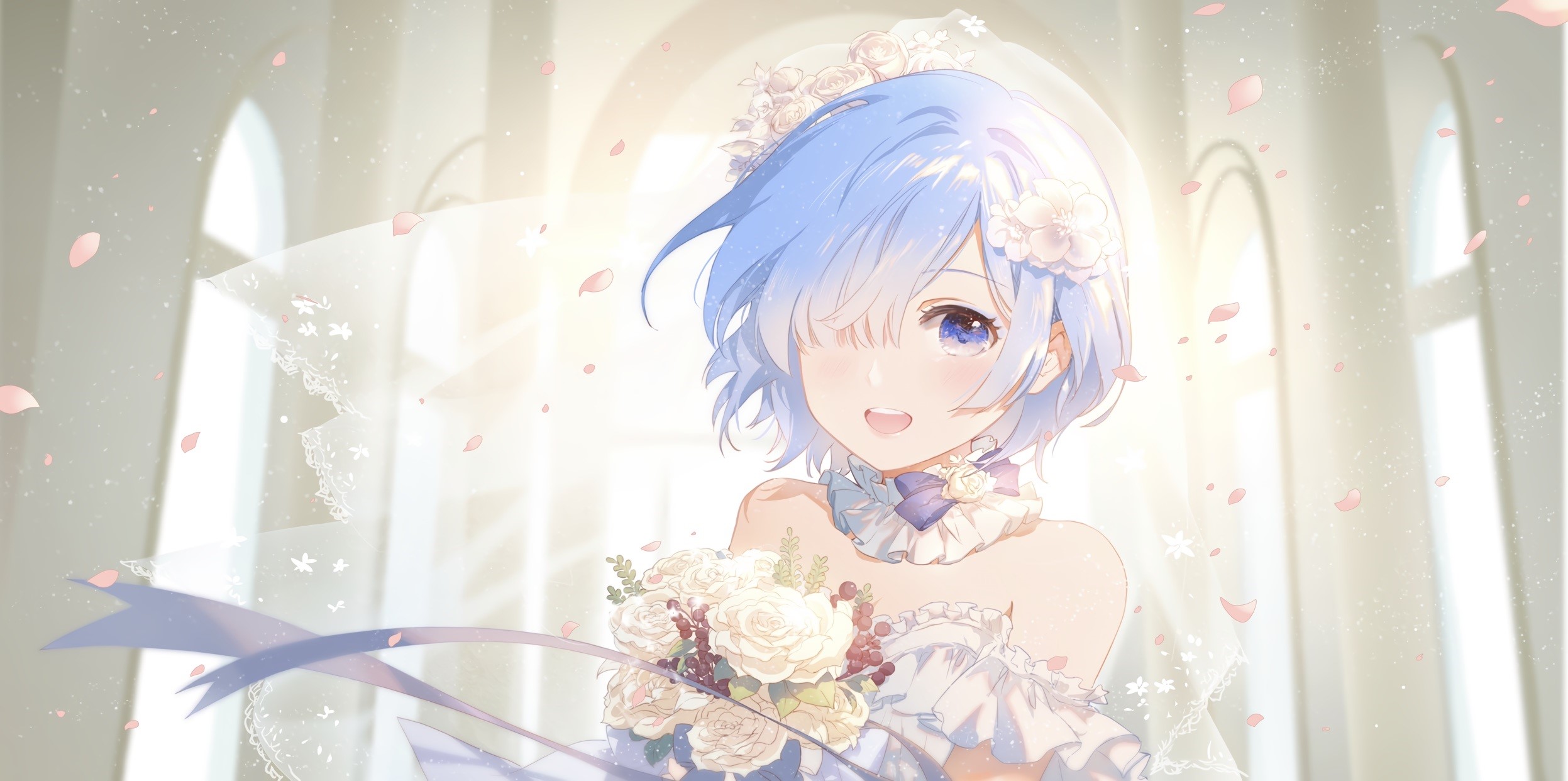 Rem from Re:Zero in a wedding dress with flowers HD Wallpaper