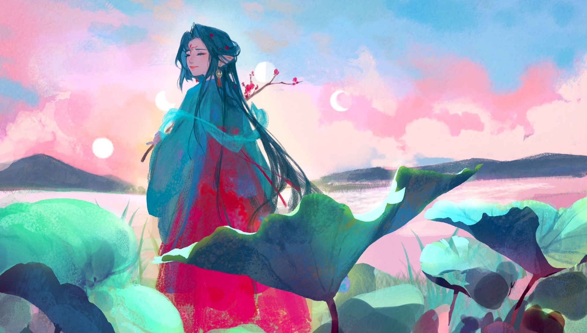 Anime girl with long blue hair by a lake HD Wallpaper