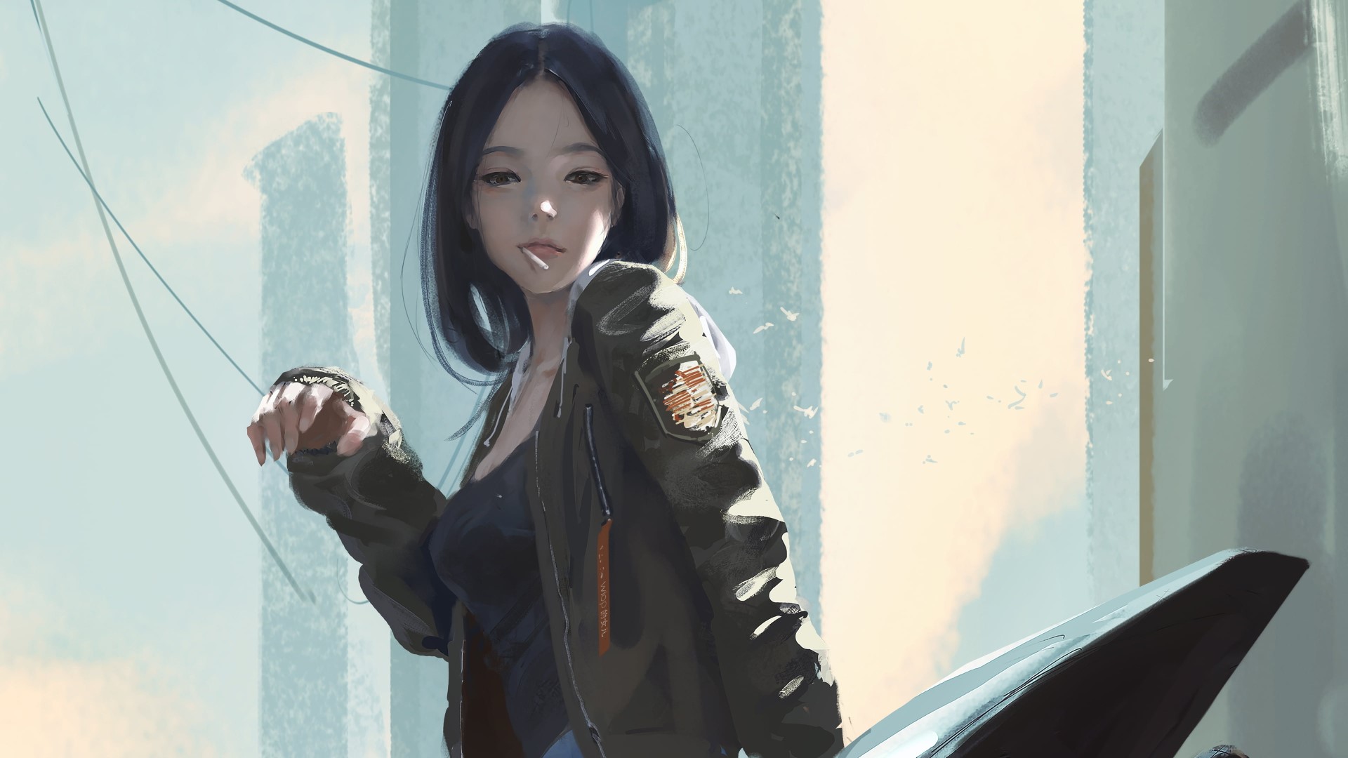 Anime girl with dark hair wearing a jacket HD Wallpaper