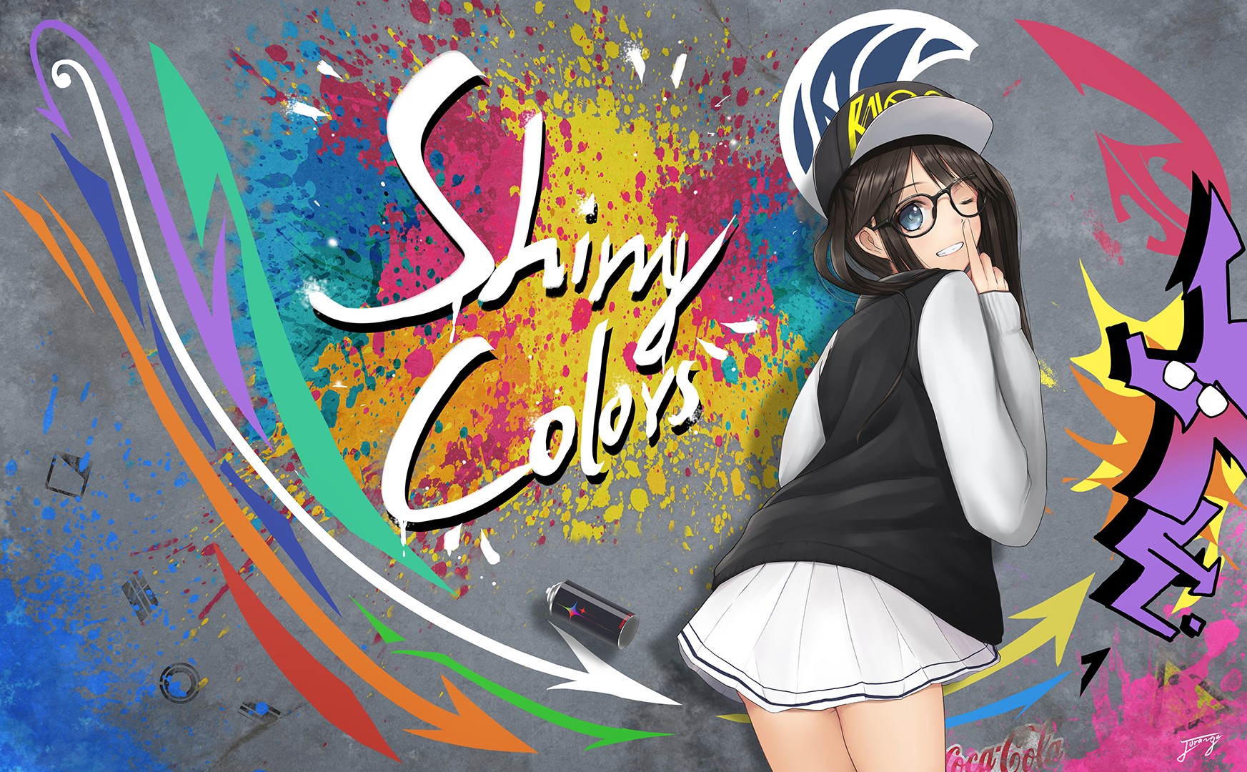 Girl with glasses and skirt in front of graffiti HD Wallpaper