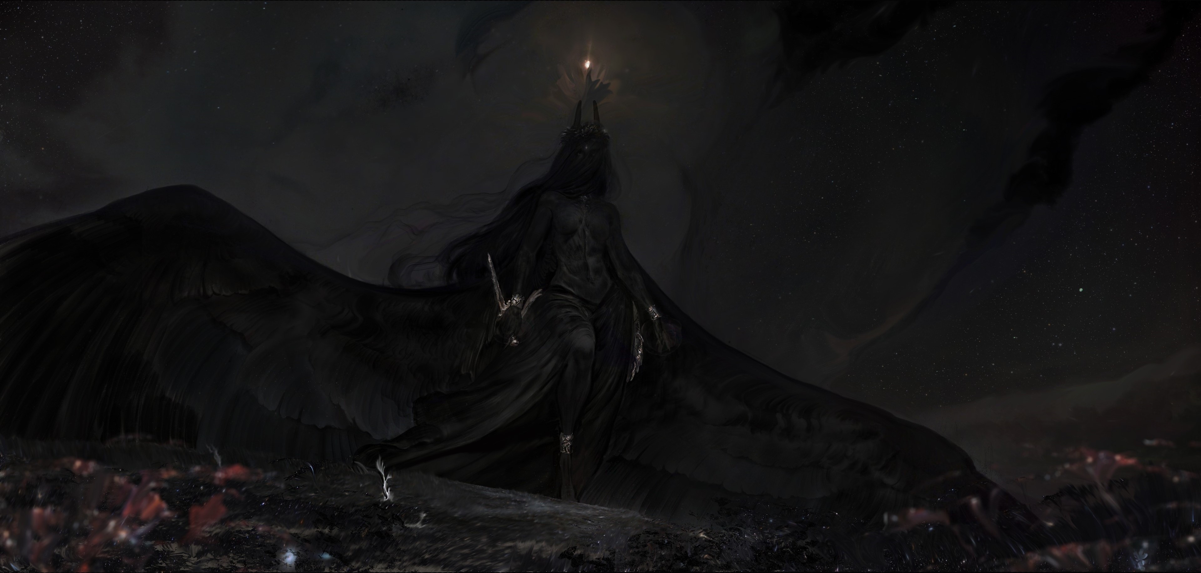 Dark Fantasy Artwork with Winged Figure HD Wallpaper