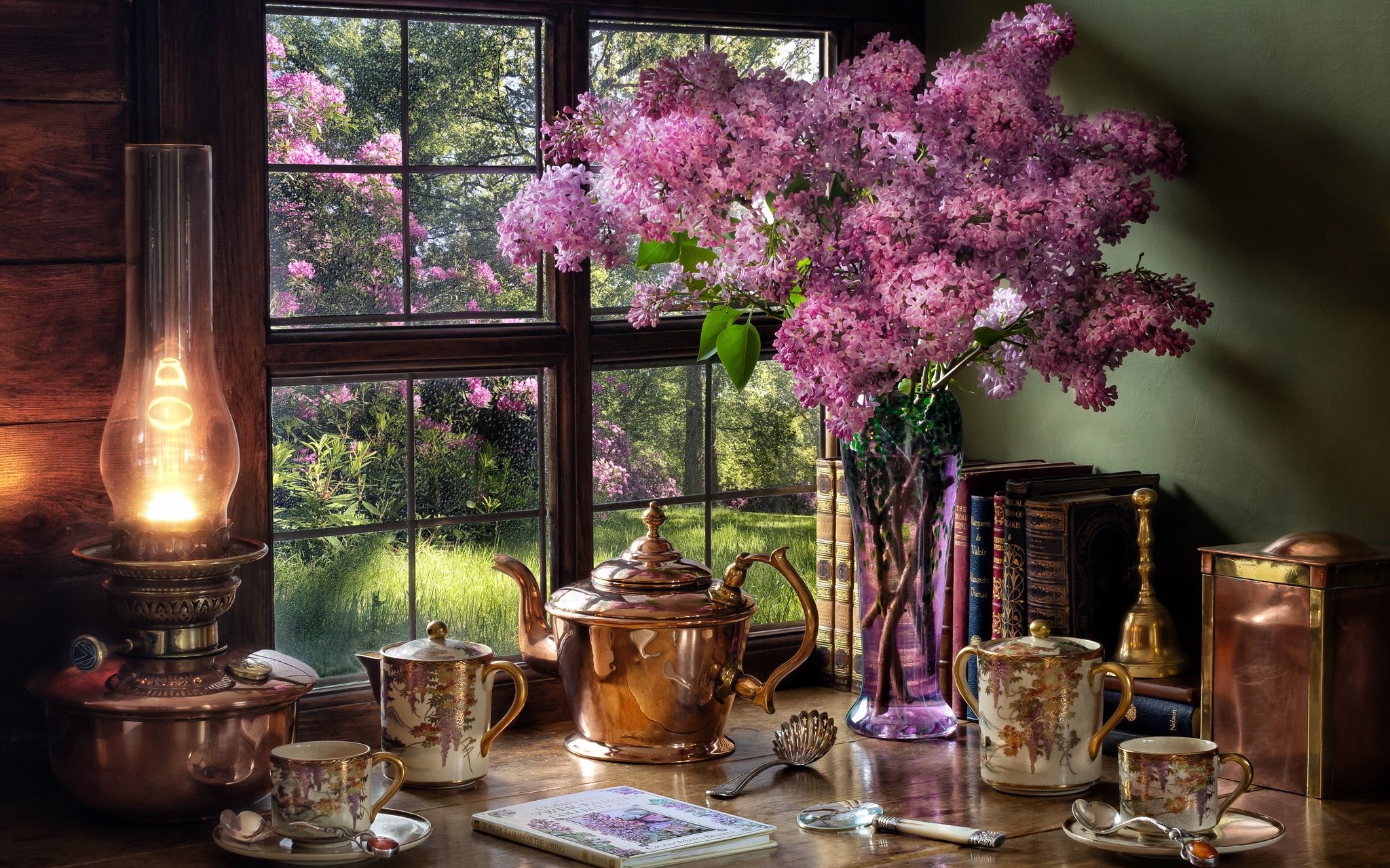 Lilacs Still Life with Lamp and Teapot HD Wallpaper
