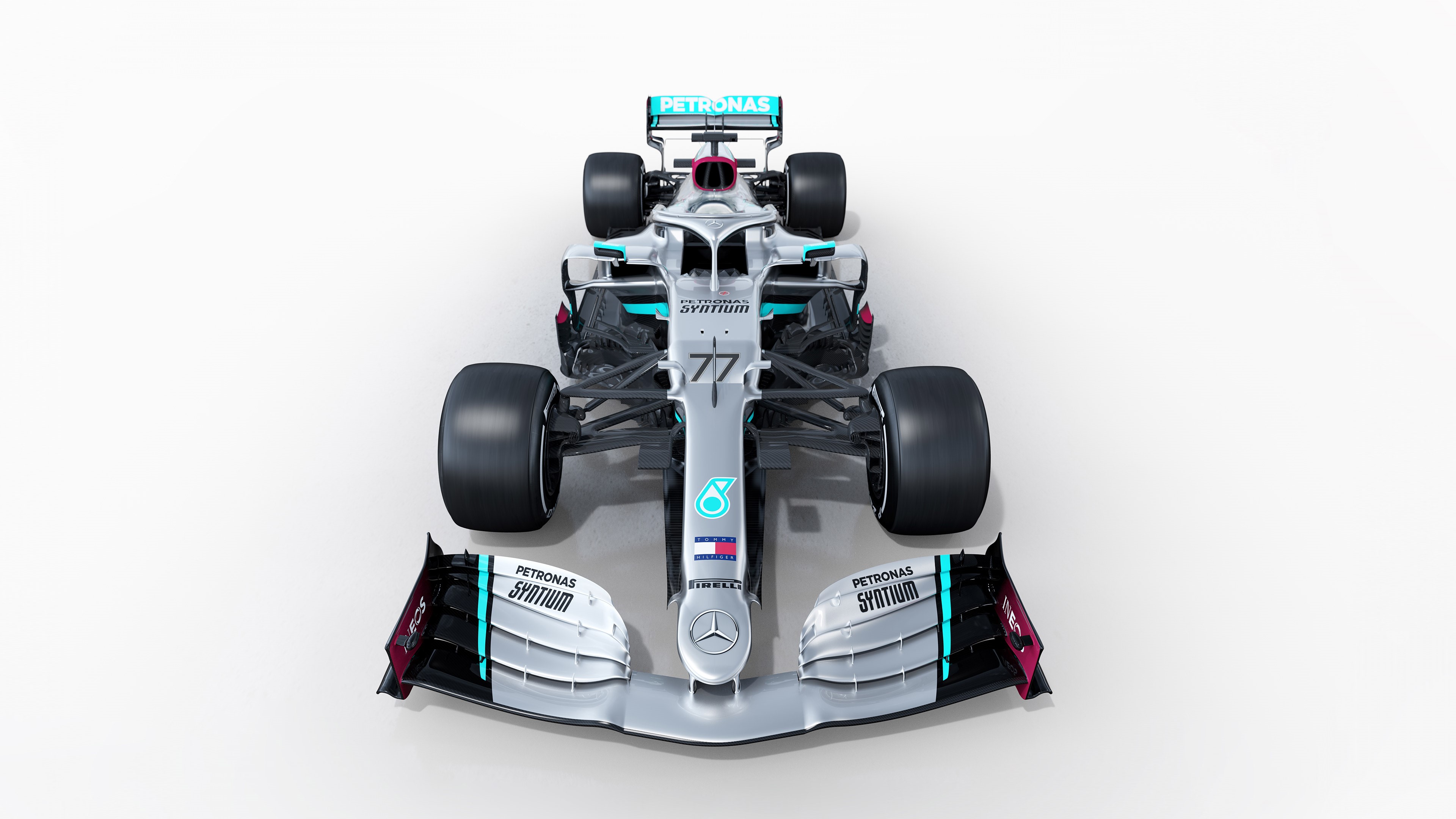 4K Mercedes AMG F1 race car frontal view HD Wallpaper