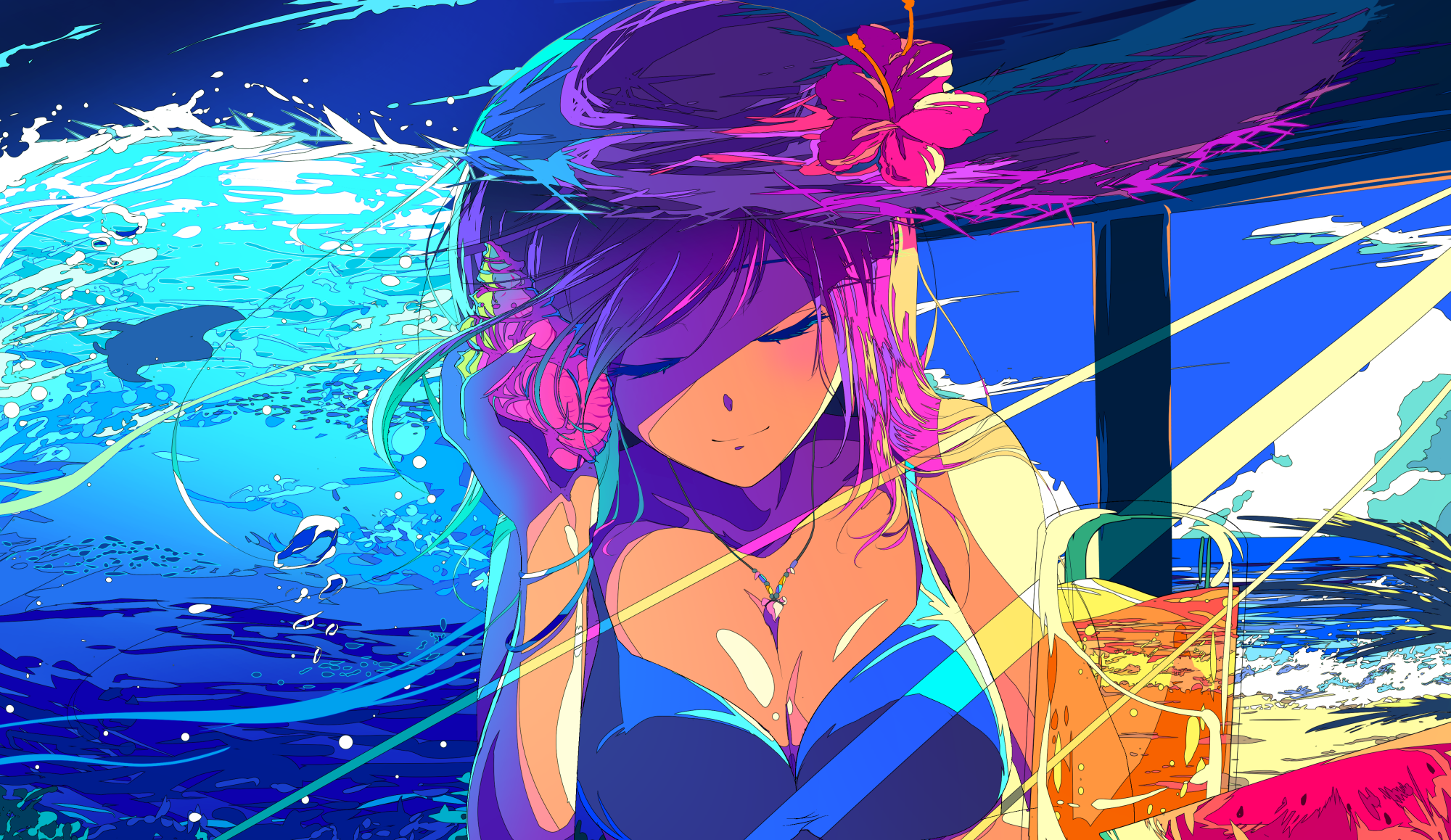 Anime girl with hibiscus flower in hair by the sea HD Wallpaper