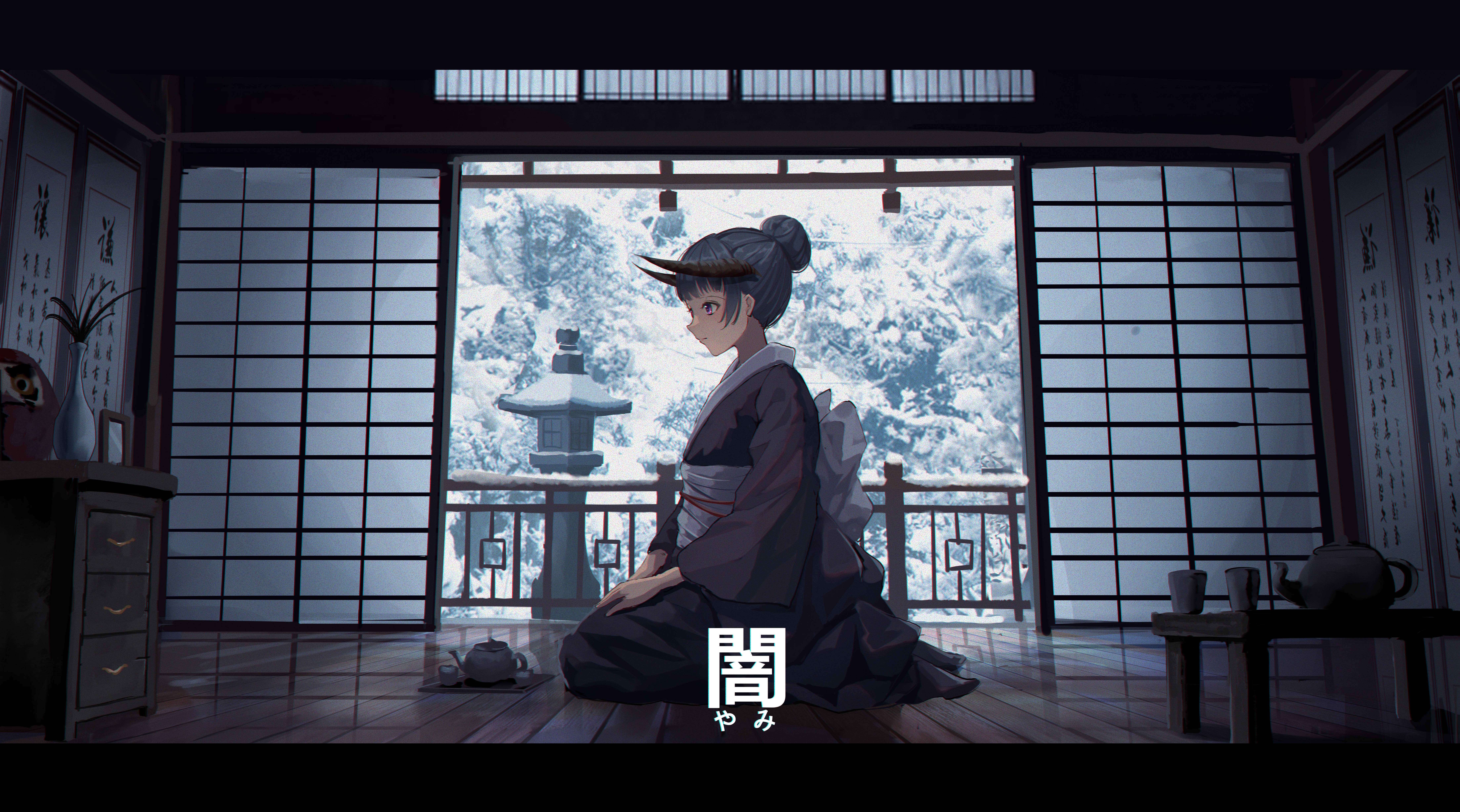 Anime girl with horns in a kimono in a snowy room HD Wallpaper