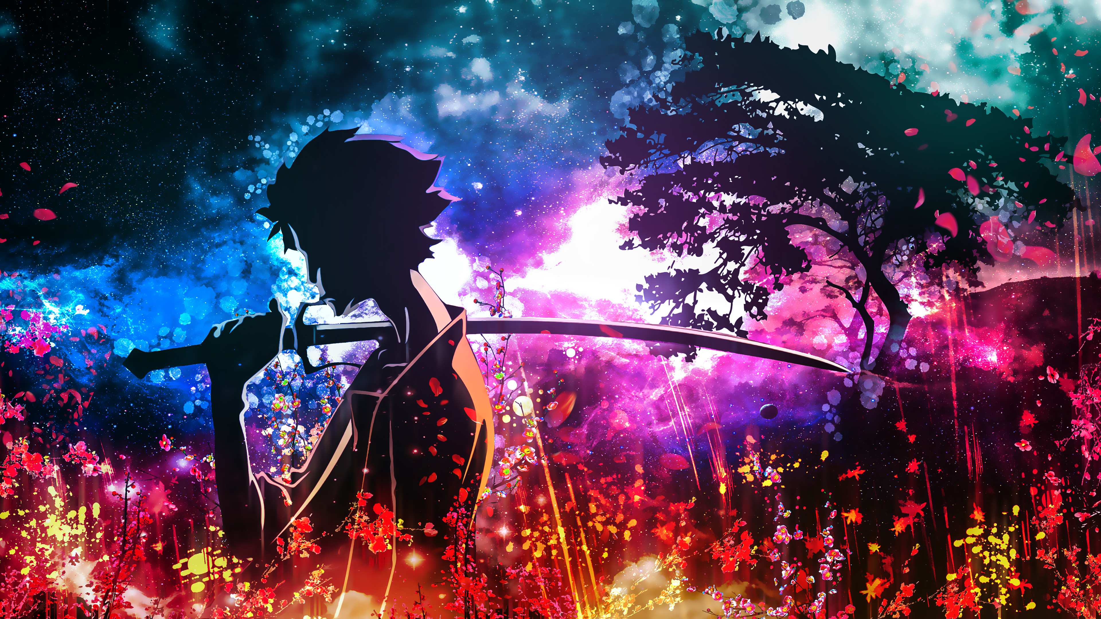 Mugen from Samurai Champloo with sword in colorful landscape HD Wallpaper