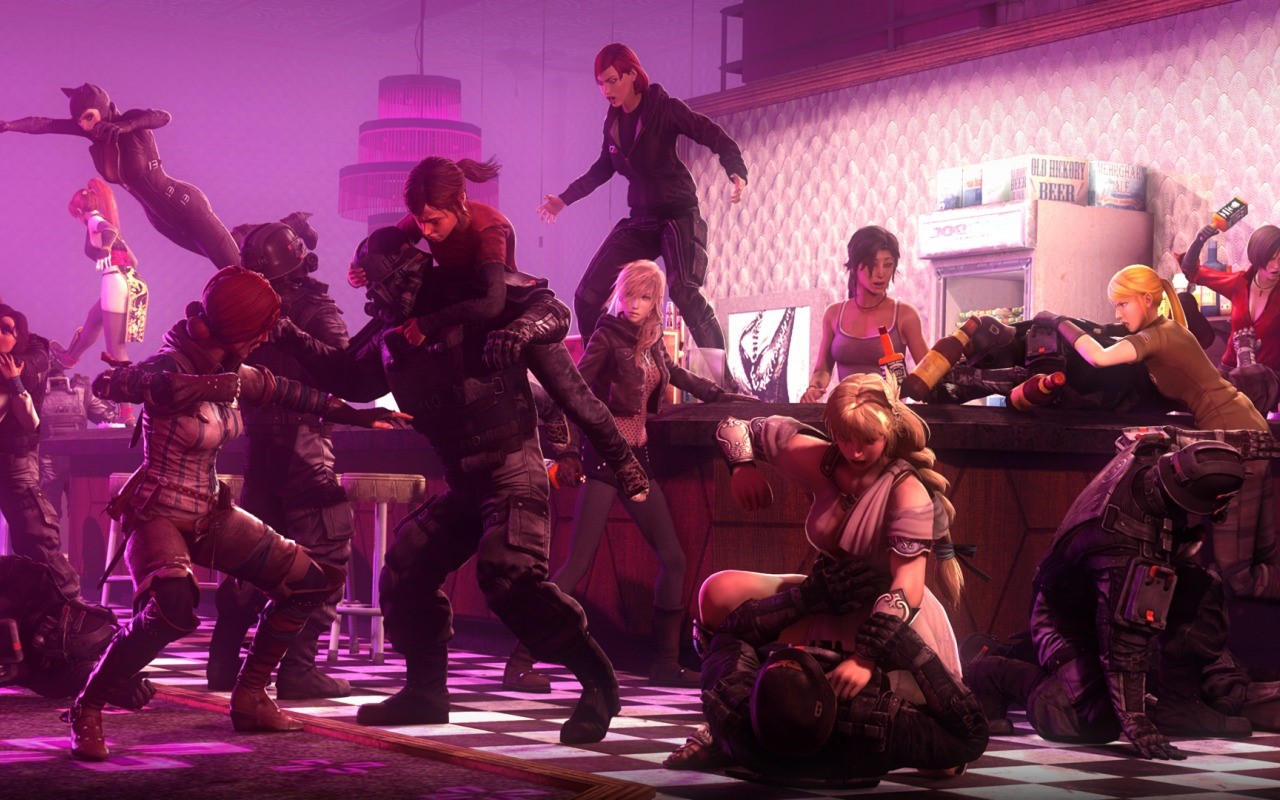 Video game characters fighting in a bar HD Wallpaper