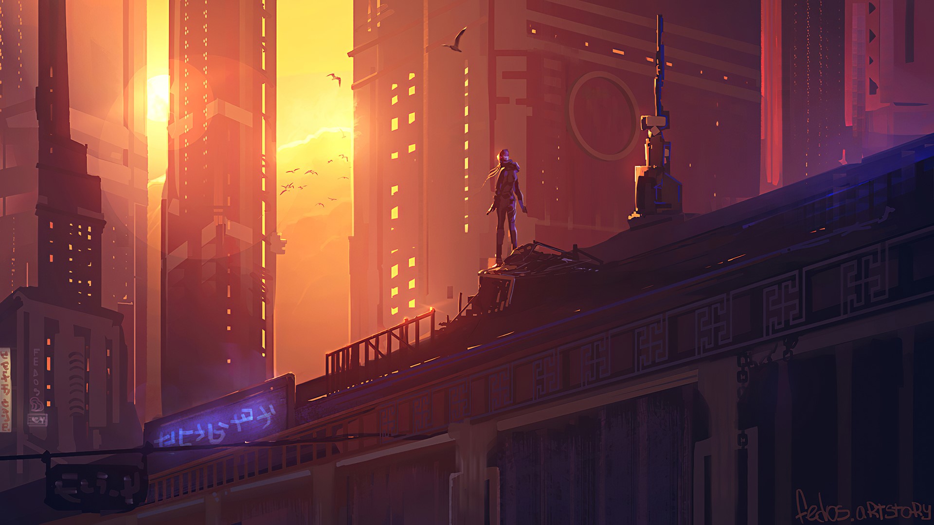 Person standing on rooftop overlooking futuristic city at sunset HD Wallpaper