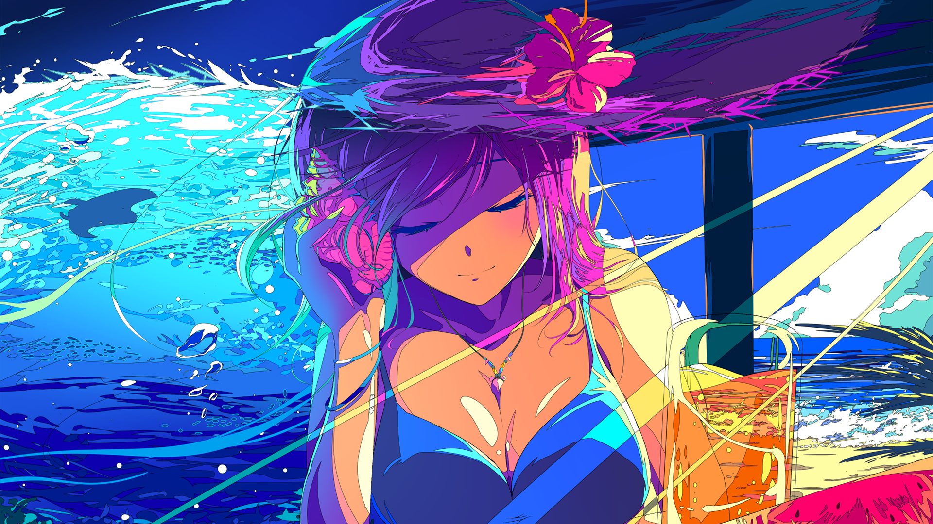 Anime girl with headphones listening to music by the ocean HD Wallpaper