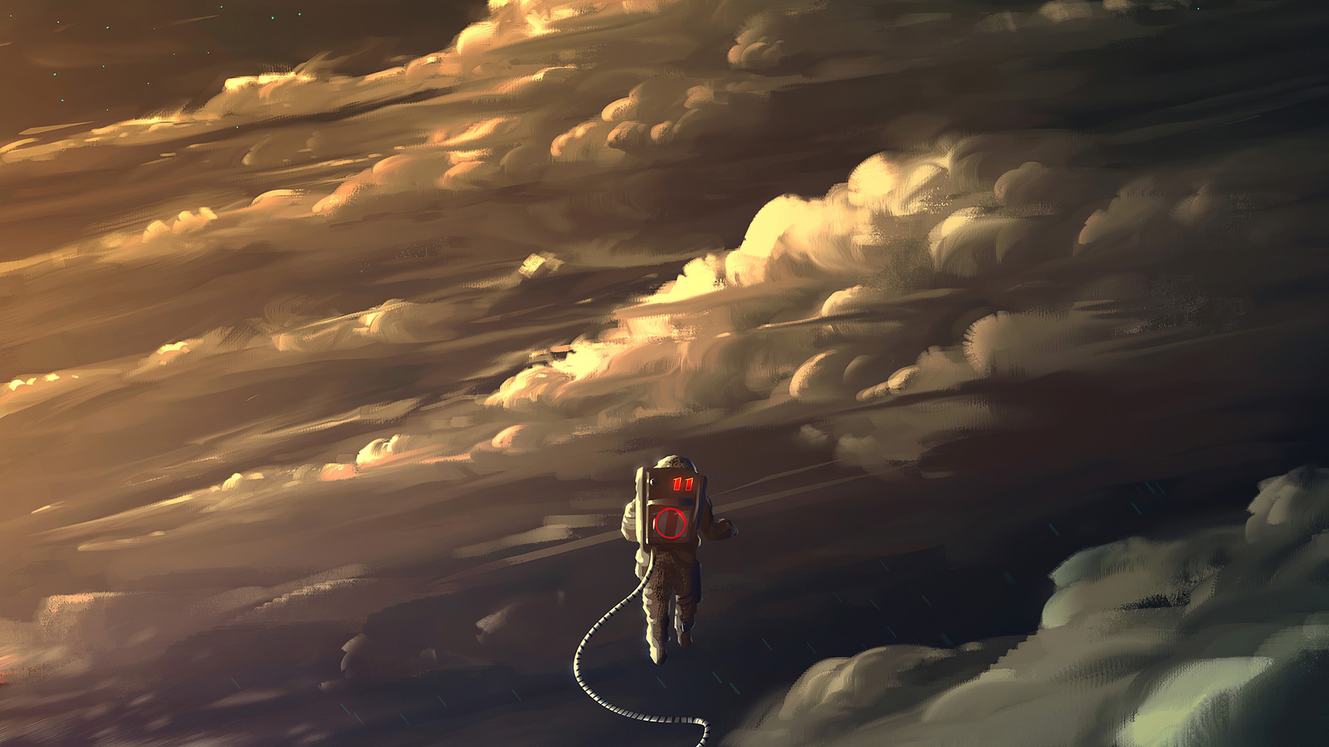 Astronaut floating among dramatic clouds HD Wallpaper