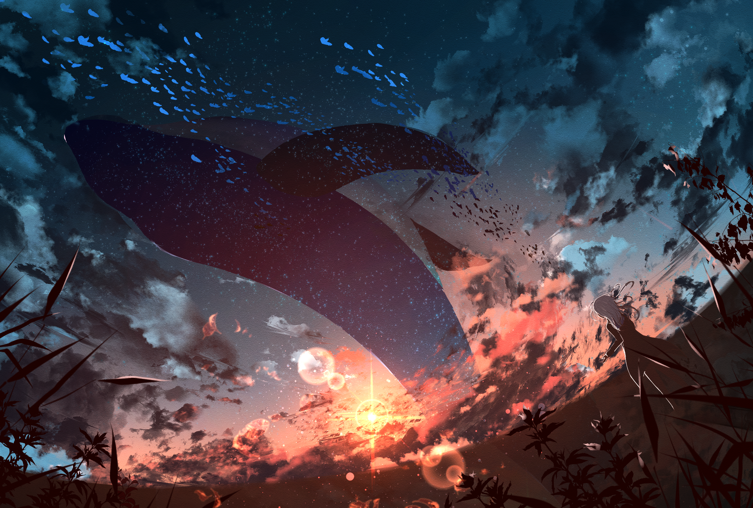 Fantasy girl watching a giant whale in the sky at sunset HD Wallpaper