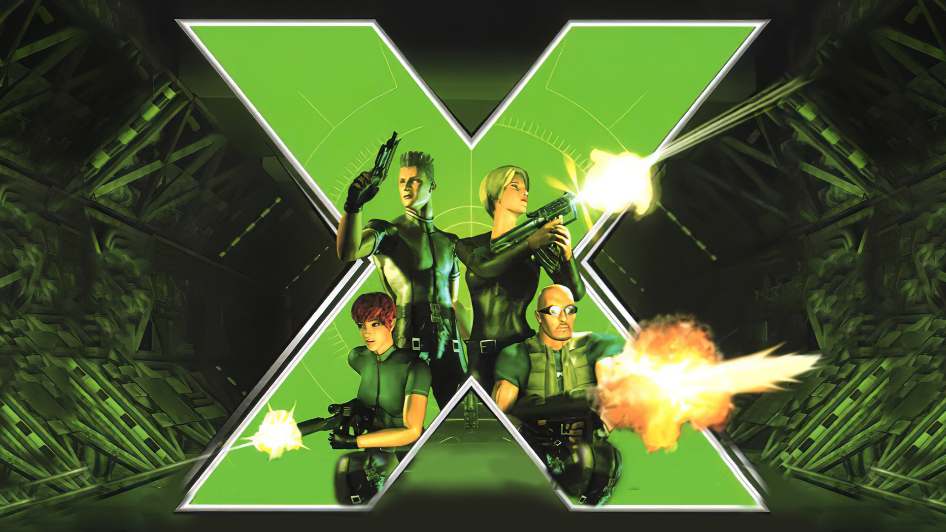 X-Squad characters in front of a large X logo HD Wallpaper