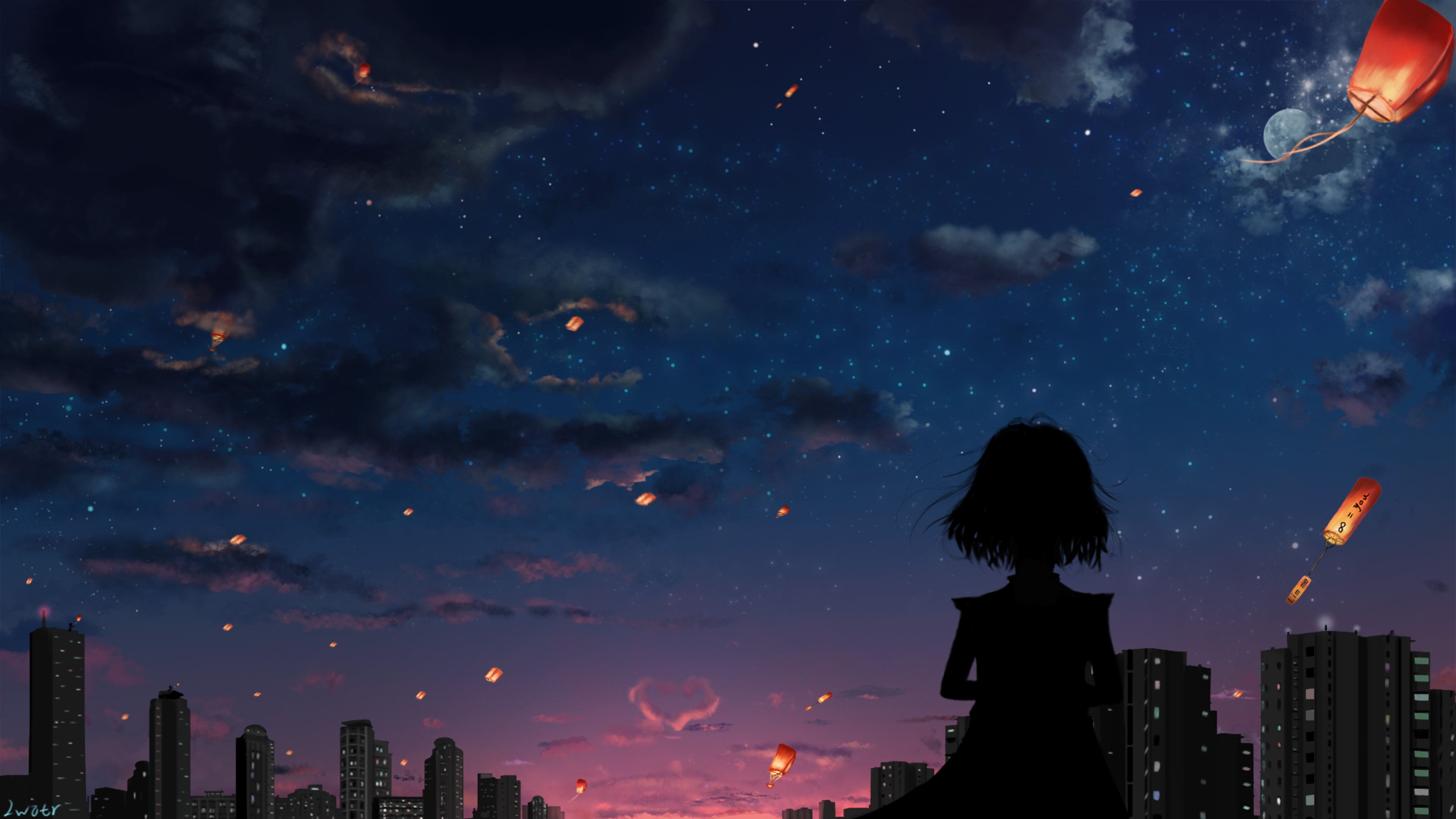 Anime girl watching lanterns in the night sky over city HD Wallpaper