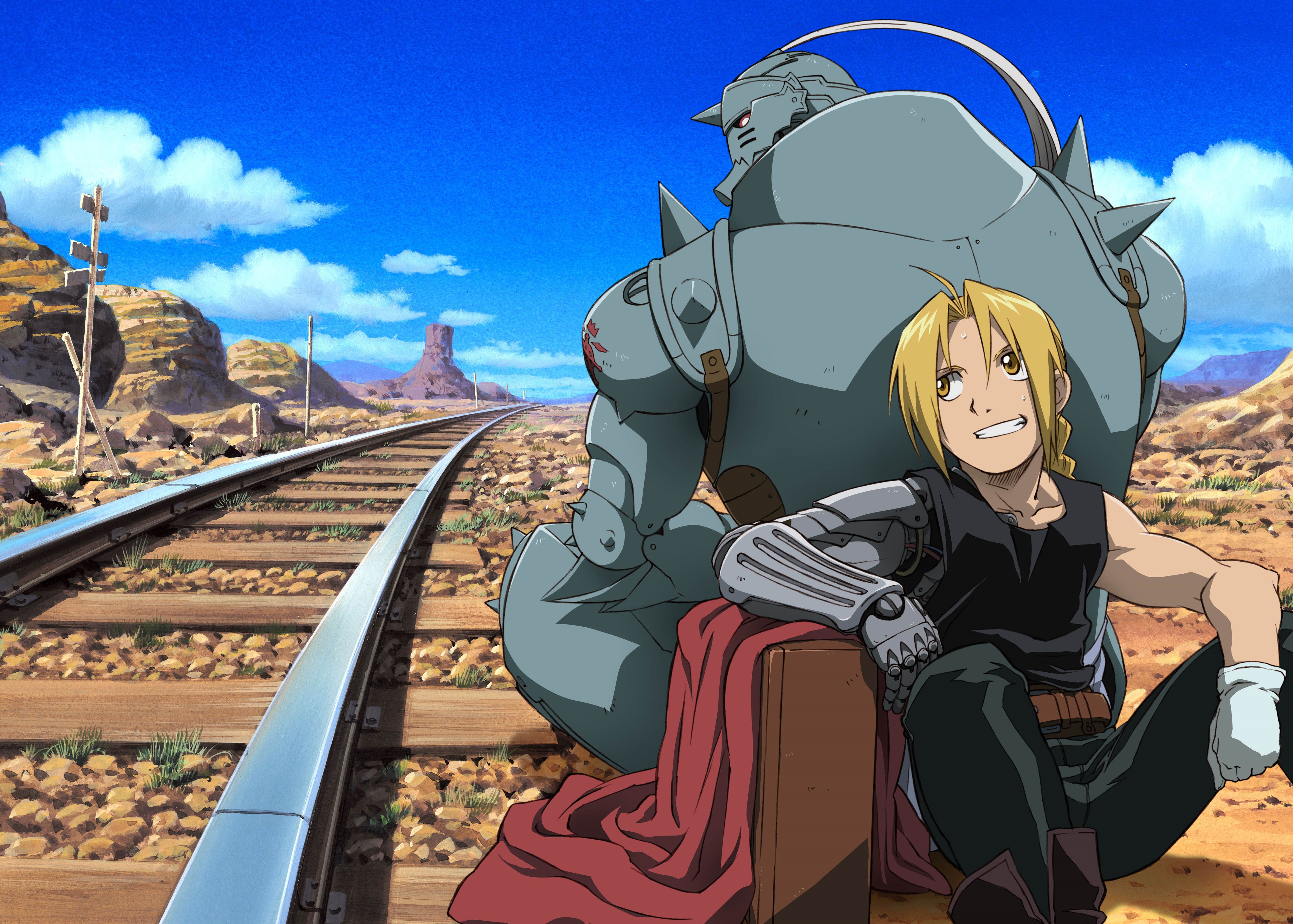 Edward and Alphonse from Full Metal Alchemist on railroad tracks HD Wallpaper