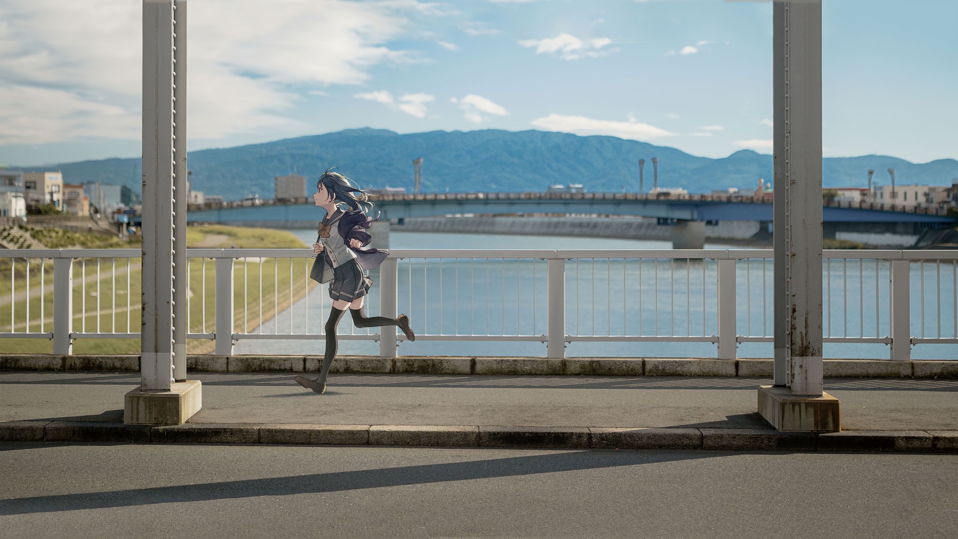 Tsushima Yoshiko from Love Live! Sunshine running on a bridge HD Wallpaper