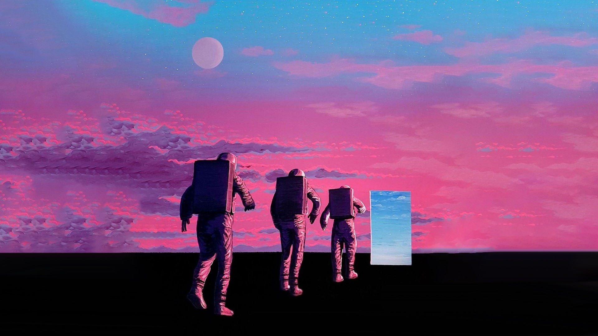 Astronauts walking towards a portal in a surreal landscape HD Wallpaper