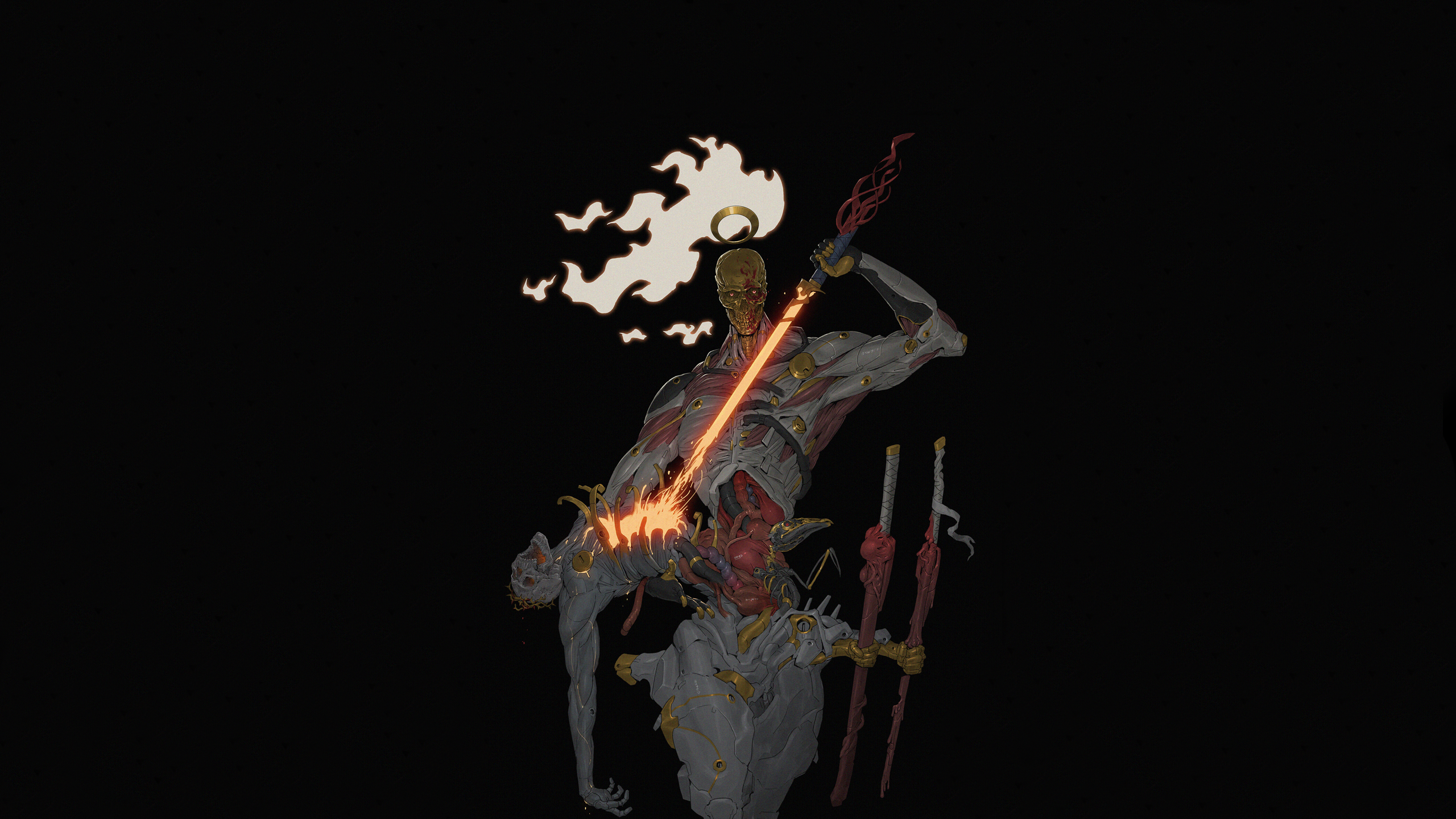 Artwork of a muscular figure with a flaming sword HD Wallpaper