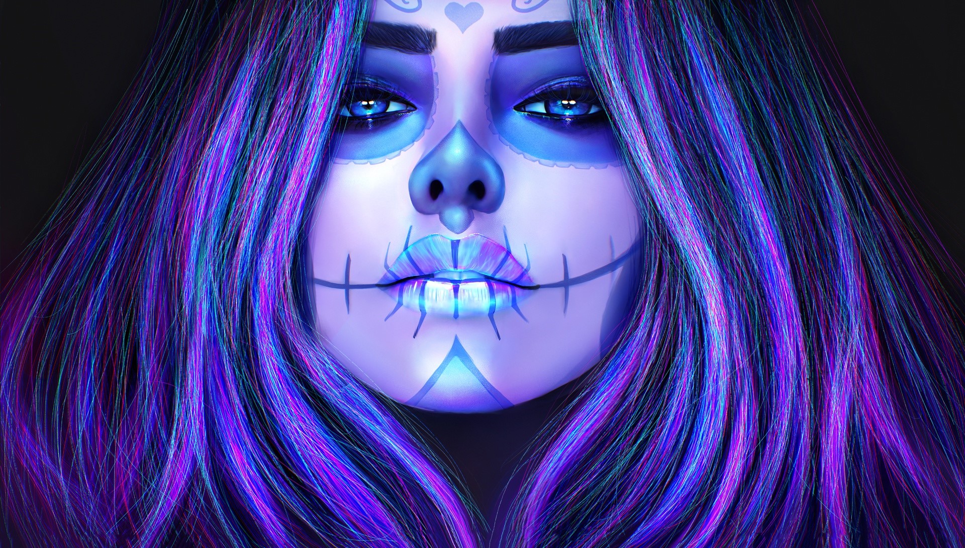 Woman with Dia de los Muertos makeup and colorful hair HD Wallpaper