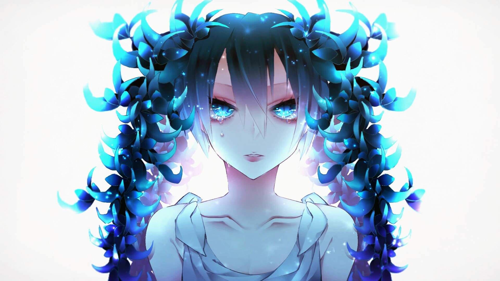 Anime girl with blue hair and pigtails crying HD Wallpaper