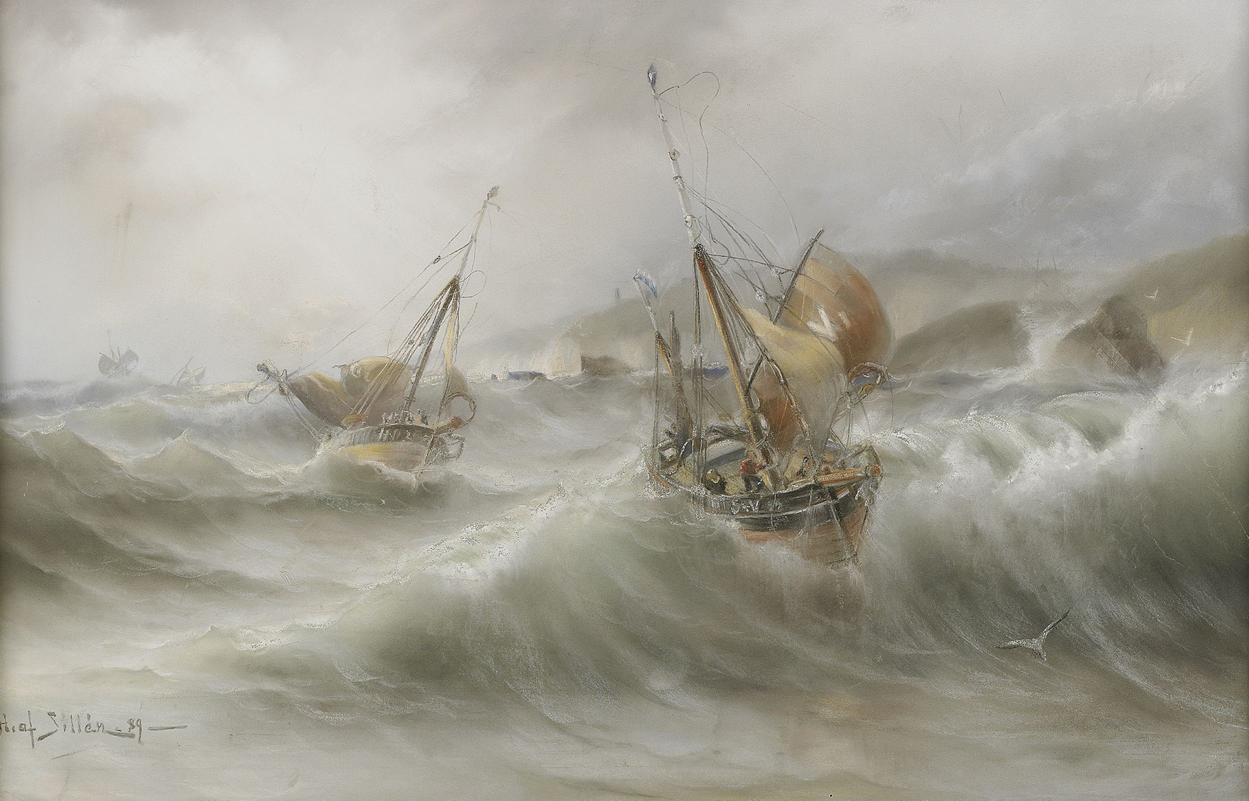 Fishing boats in a stormy sea by Herman Gustav Sillen HD Wallpaper