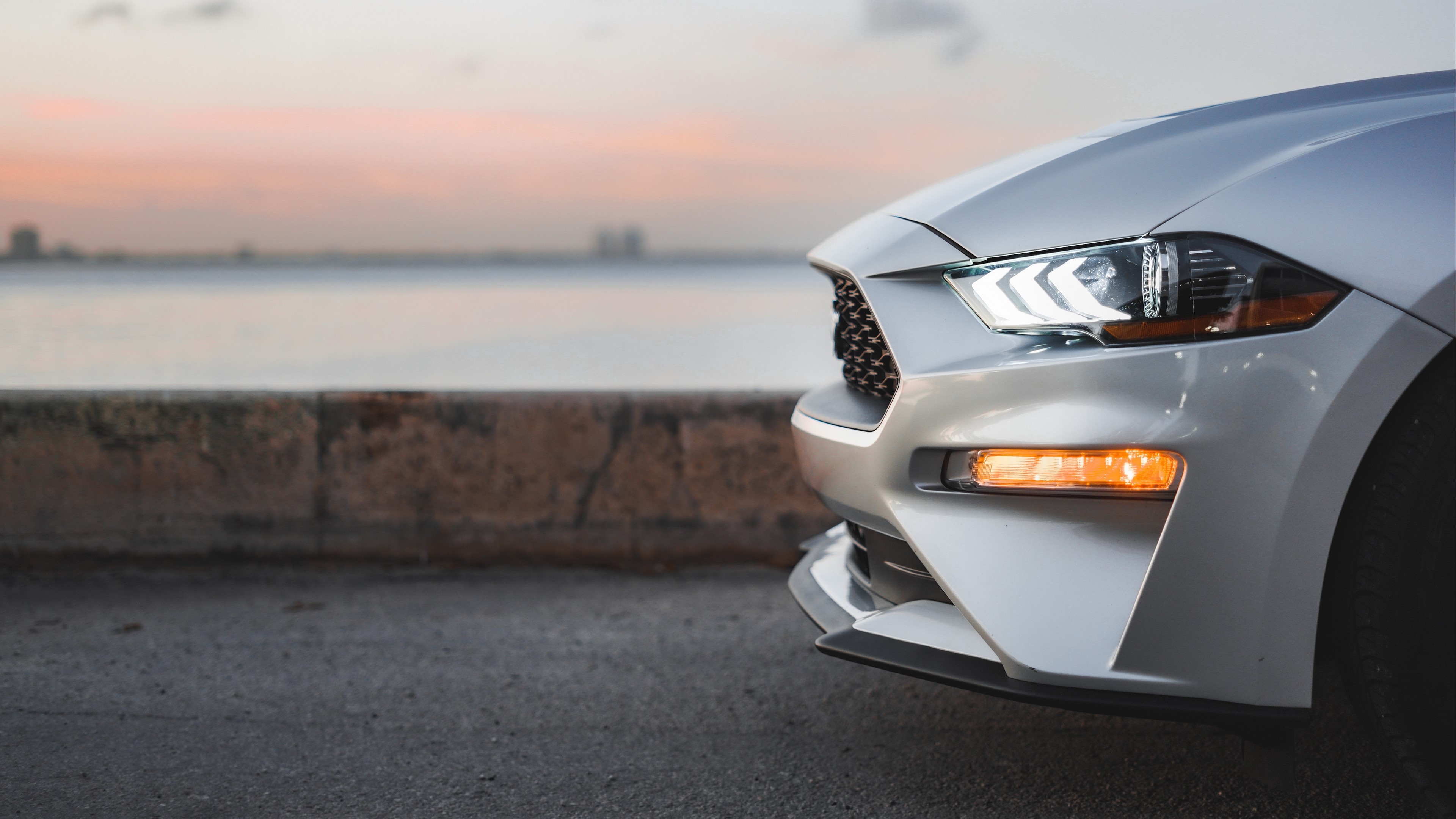 4K Ford Mustang silver car headlights HD Wallpaper