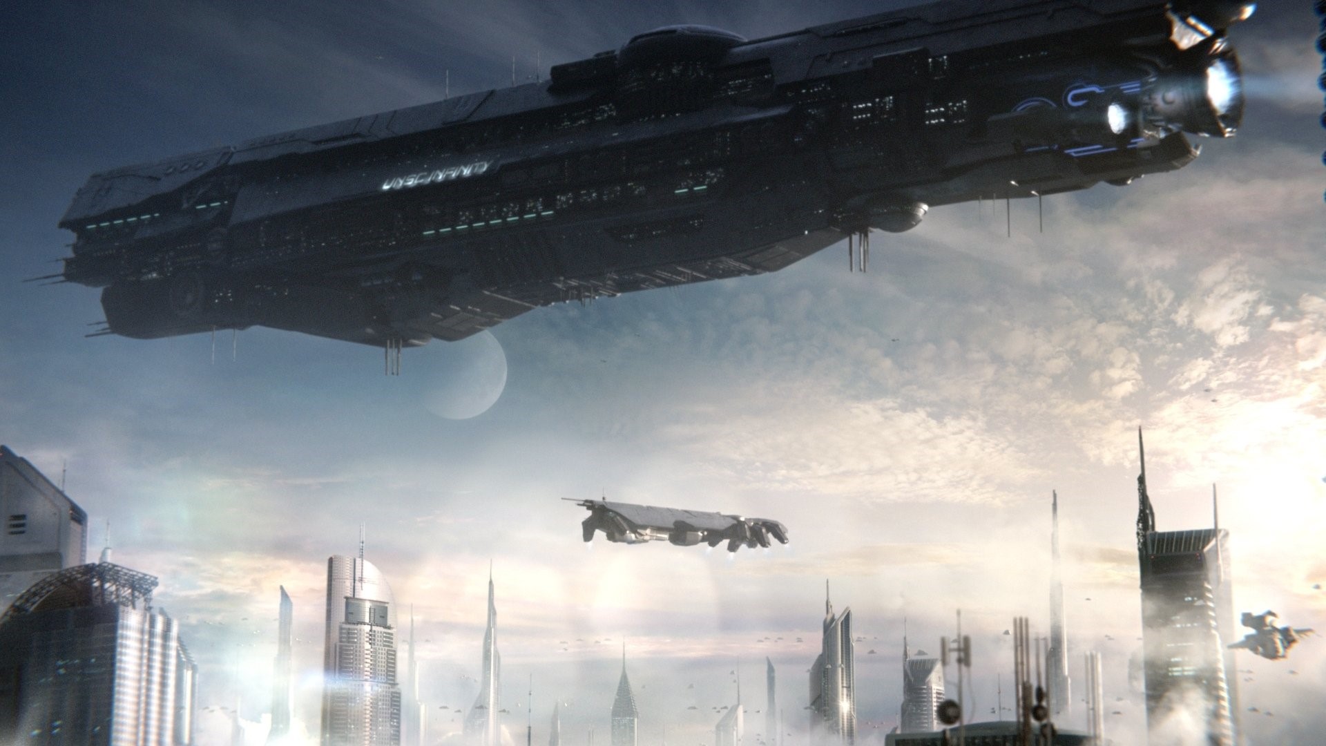 UNSC Infinity spaceship over a futuristic city in Halo 4 HD Wallpaper