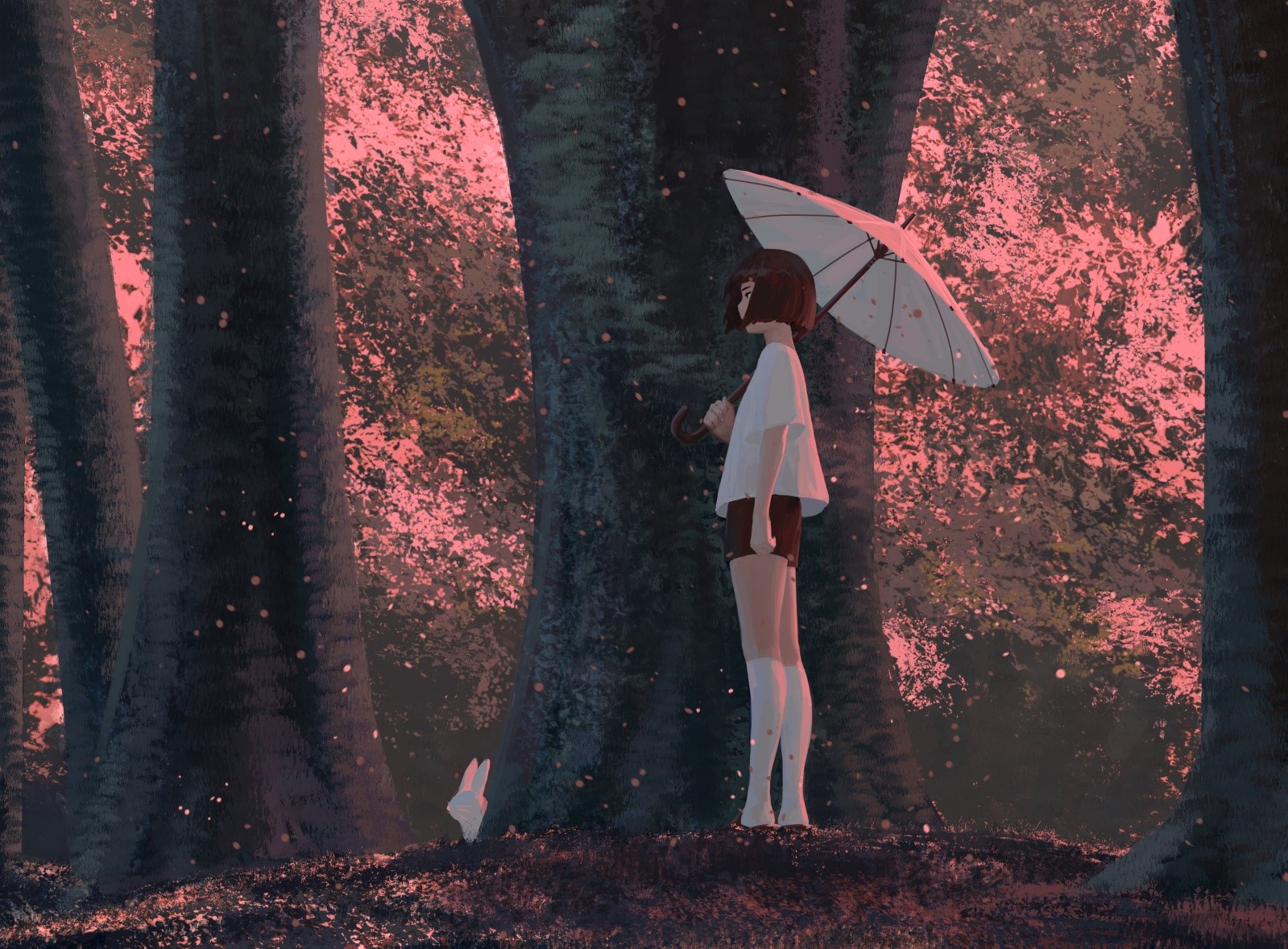 Anime girl with umbrella and rabbit in forest HD Wallpaper