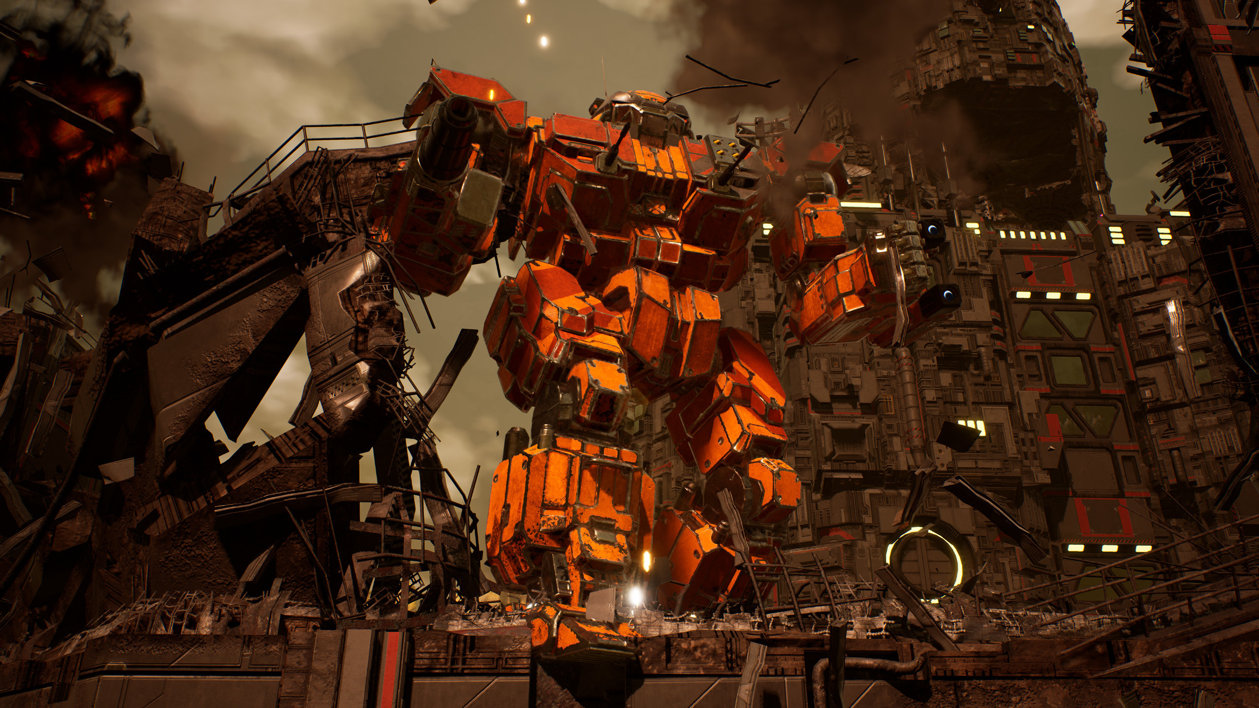 MechWarrior 5: Mercenaries orange mech in ruins HD Wallpaper