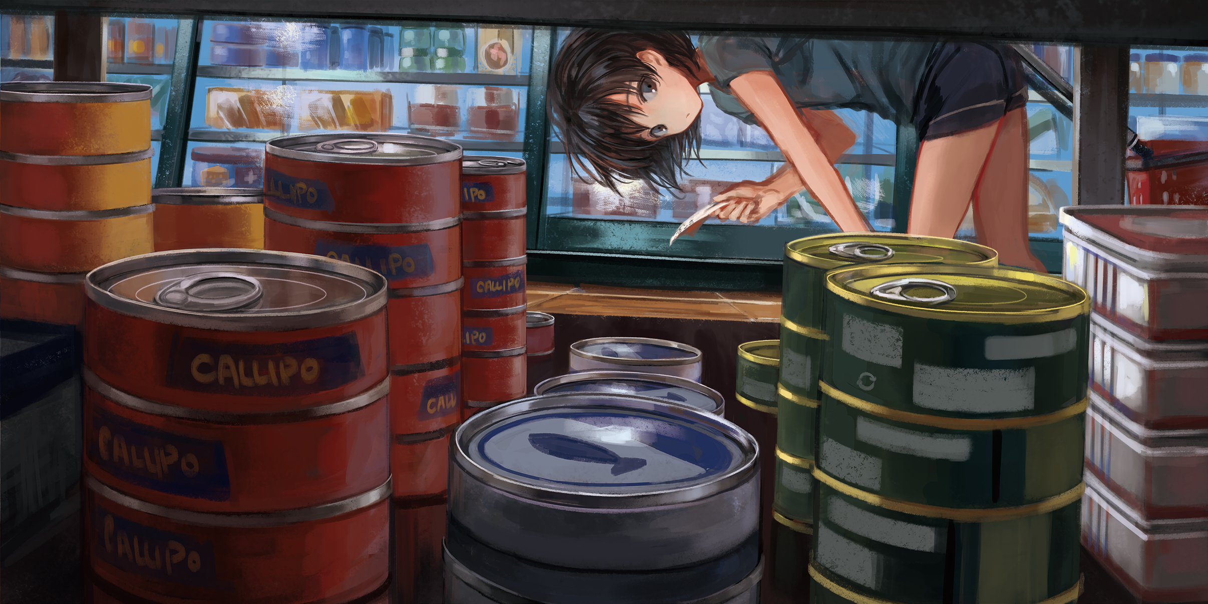 Anime girl in a market with cans HD Wallpaper
