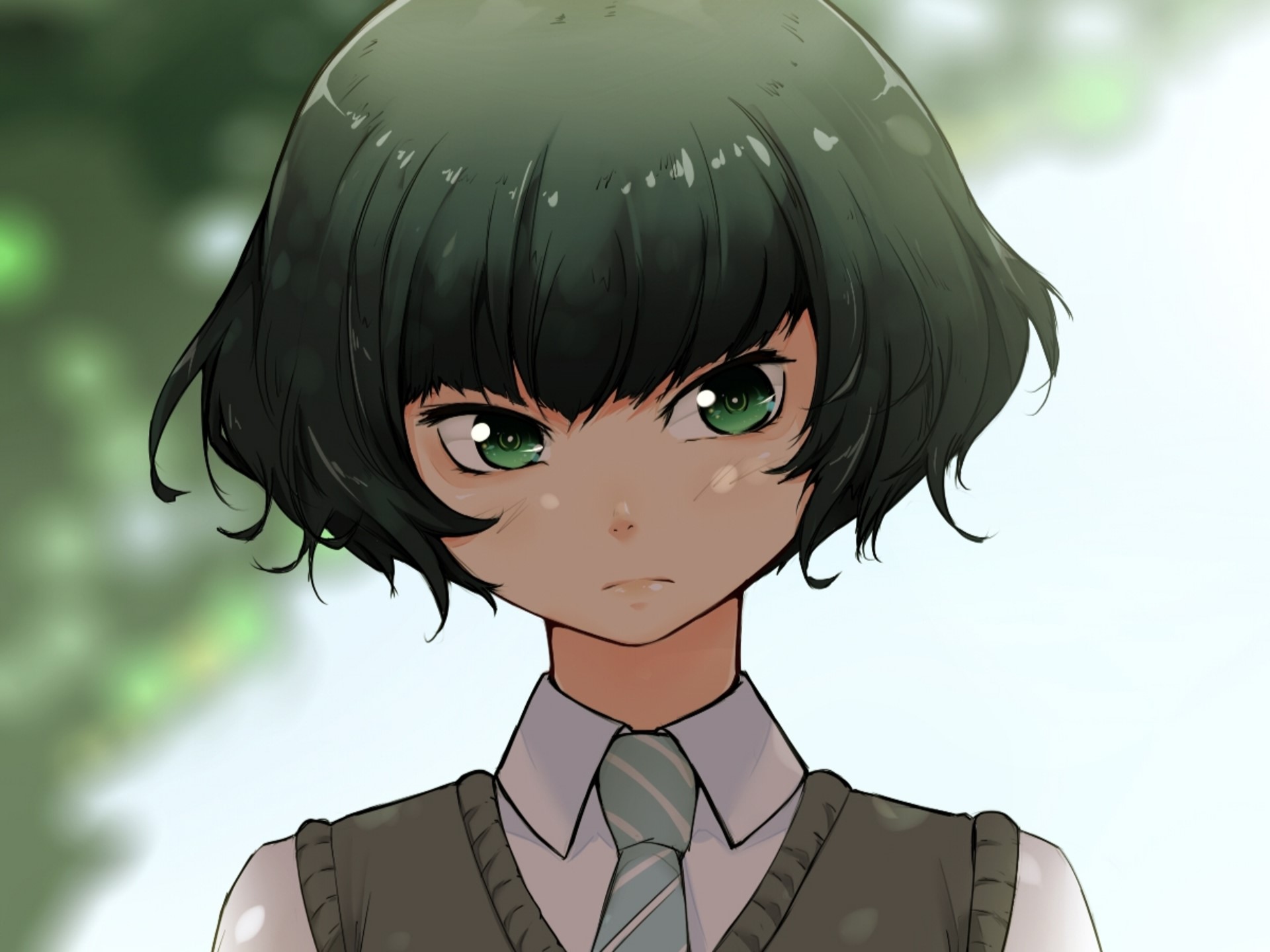 Anime girl with short dark hair and green eyes HD Wallpaper