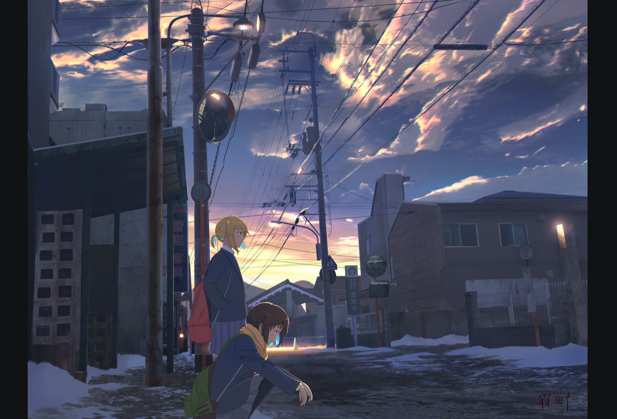 Two anime girls in school uniforms on a snowy street at sunset HD Wallpaper