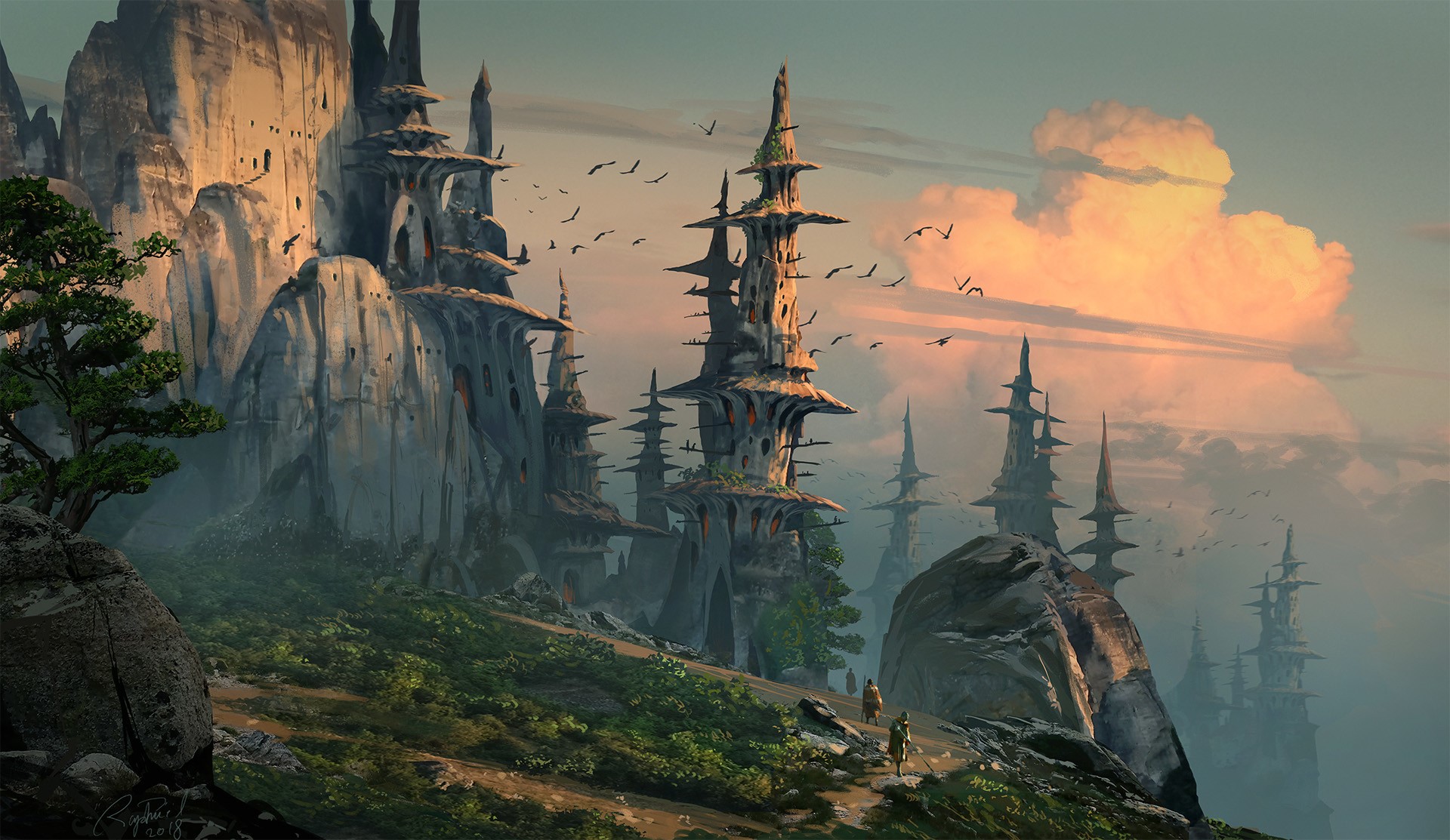 Fantasy landscape with alien architecture and birds HD Wallpaper